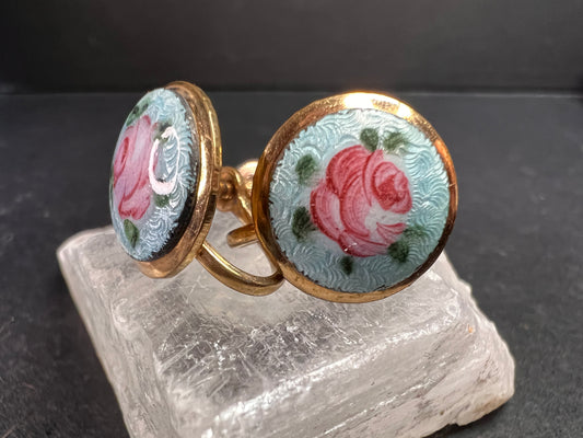 Vintage MCM Gold Tone Guilloche Enamel Pink Rose Screw Back Earrings