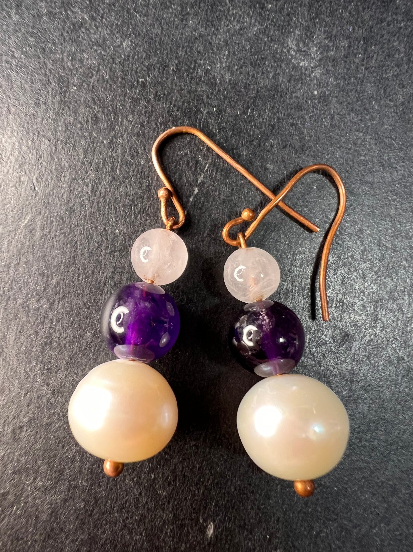 Pearl, amethyst and rose quartz dangle earrings in copper