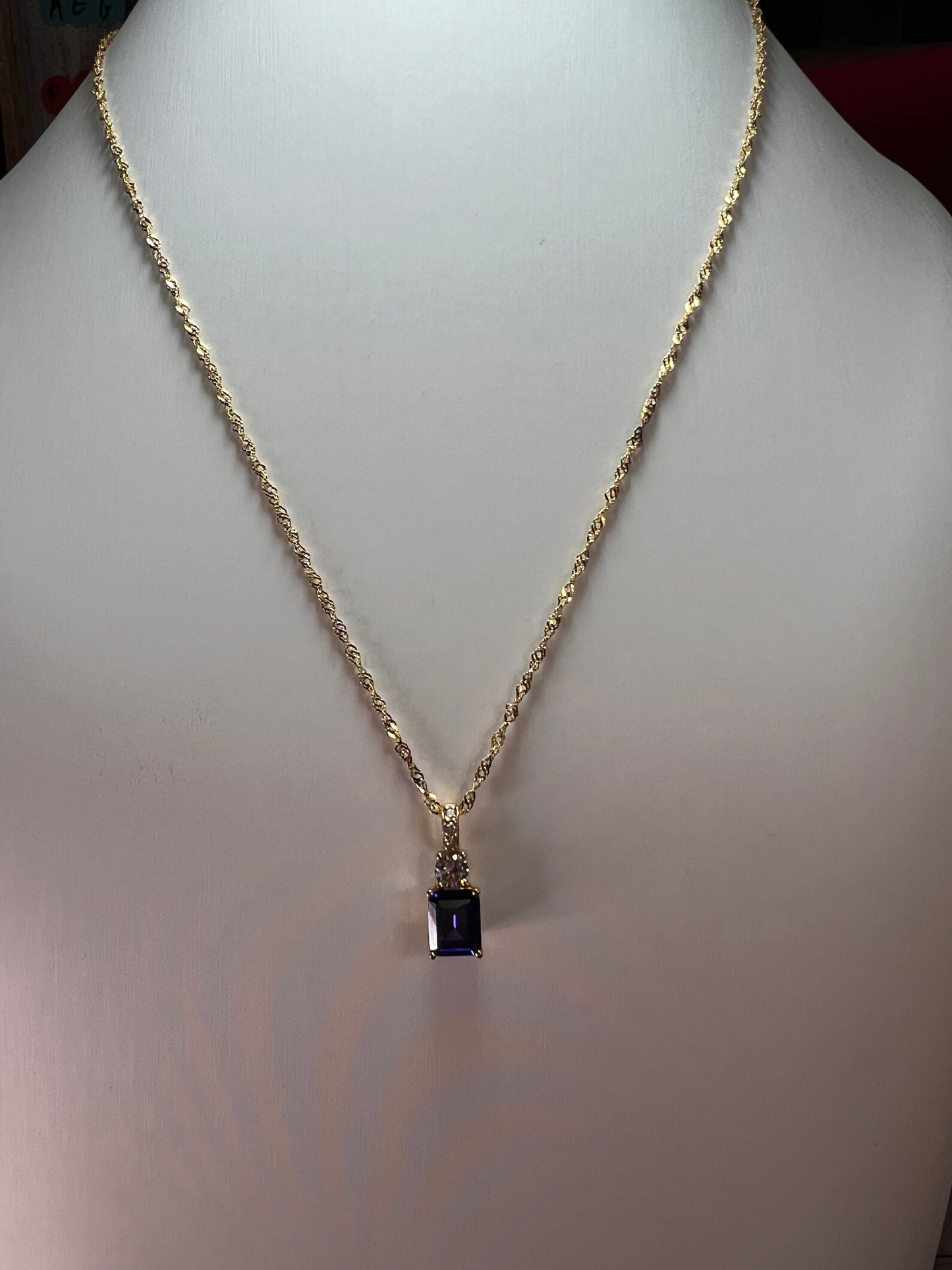 Blue emerald cut CZ pendant and chain necklace in gold over sterling silver 18 inches