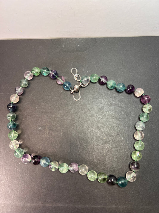 Fluorite knotted beaded bolo necklace with sterling silver magnetic clasp