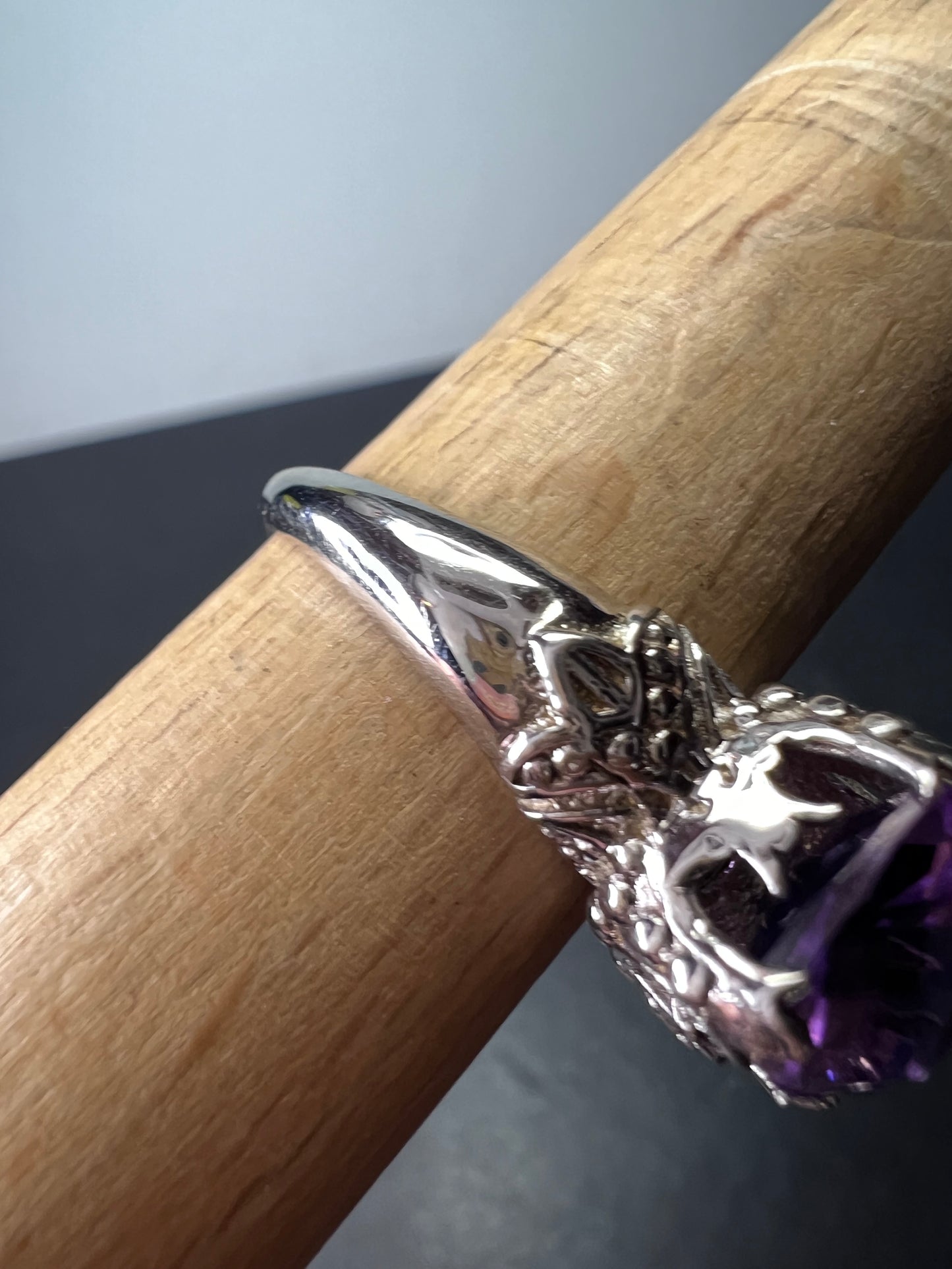 Amethyst cathedral crown setting sterling silver solitaire ring size 9