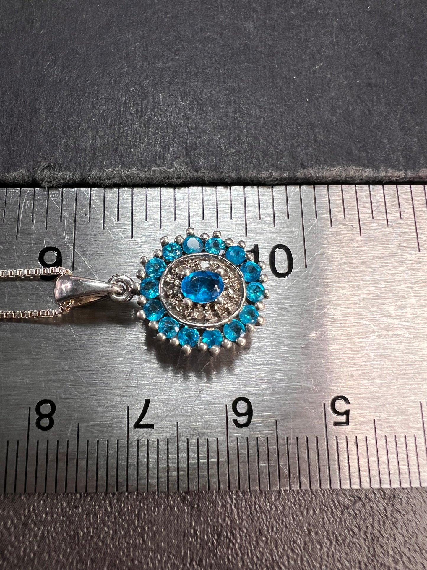 Vintage 925 Sterling Silver Blue Apatite & Diamond Halo Pendant Necklace