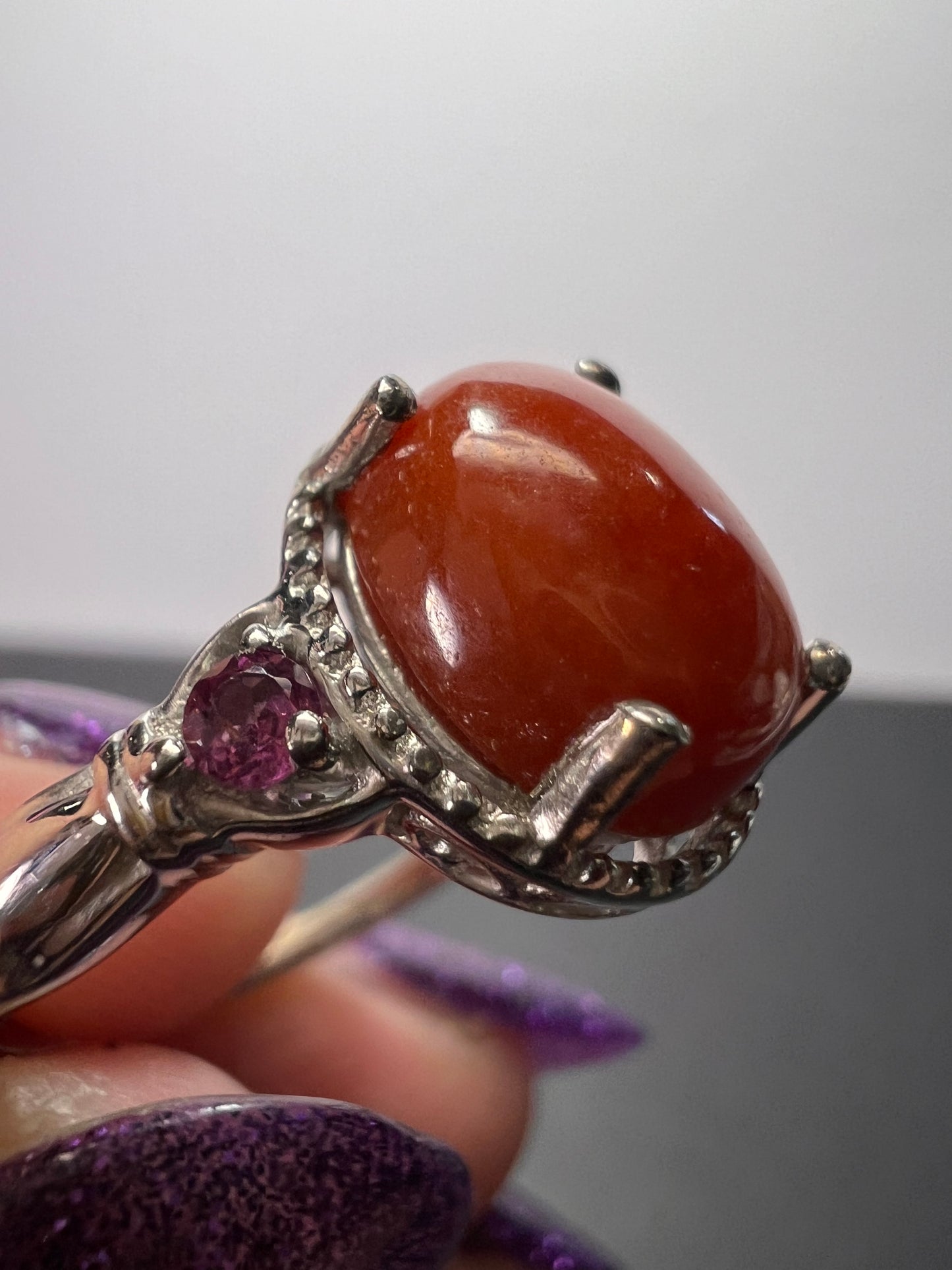 Red Jade and grape rhodolite garnet sterling silver ring size 9