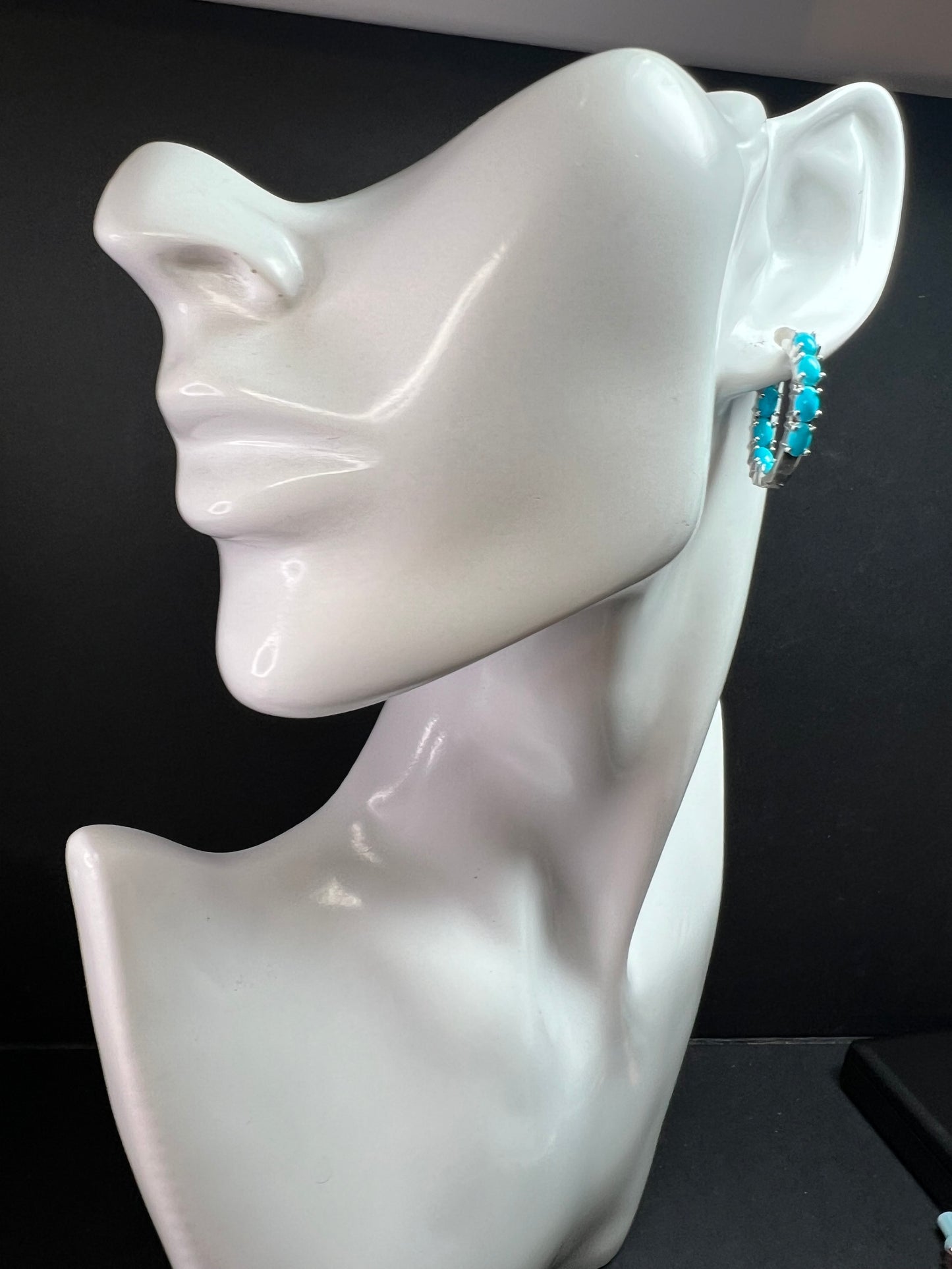 Sterling Silver Turquoise Inside Out Hoop Earrings 925 Estate Like New