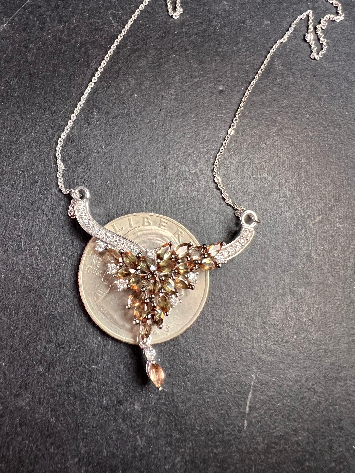 NEW Andalusite and Moissanite floral necklace in rhodium over sterling silver