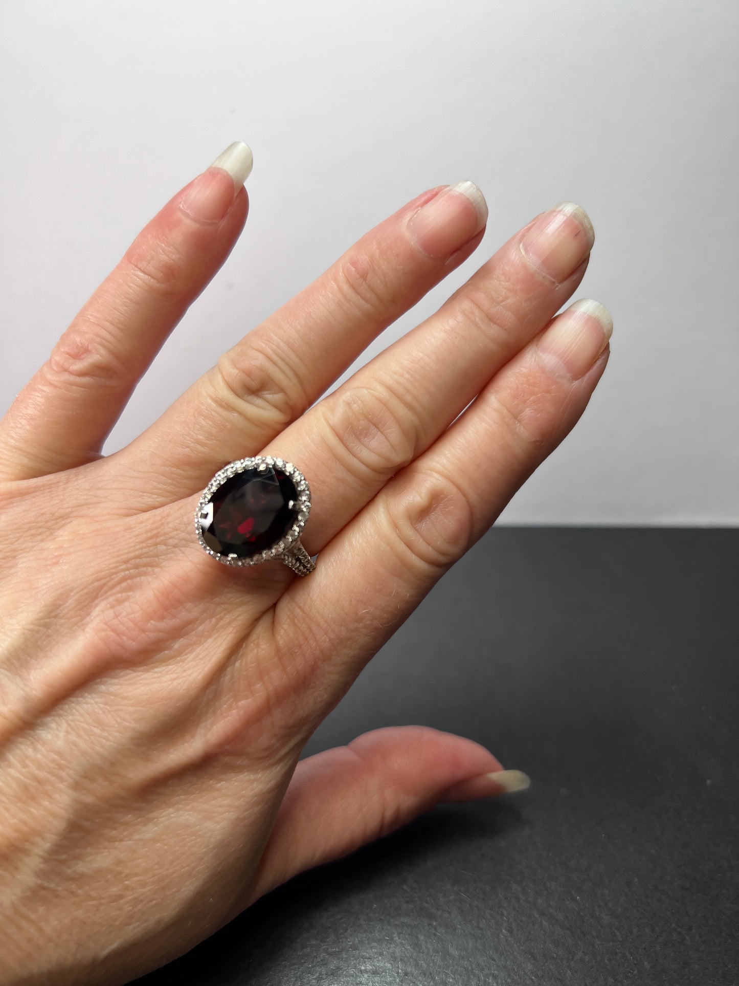 Garnet and zircon sterling silver halo ring size 9