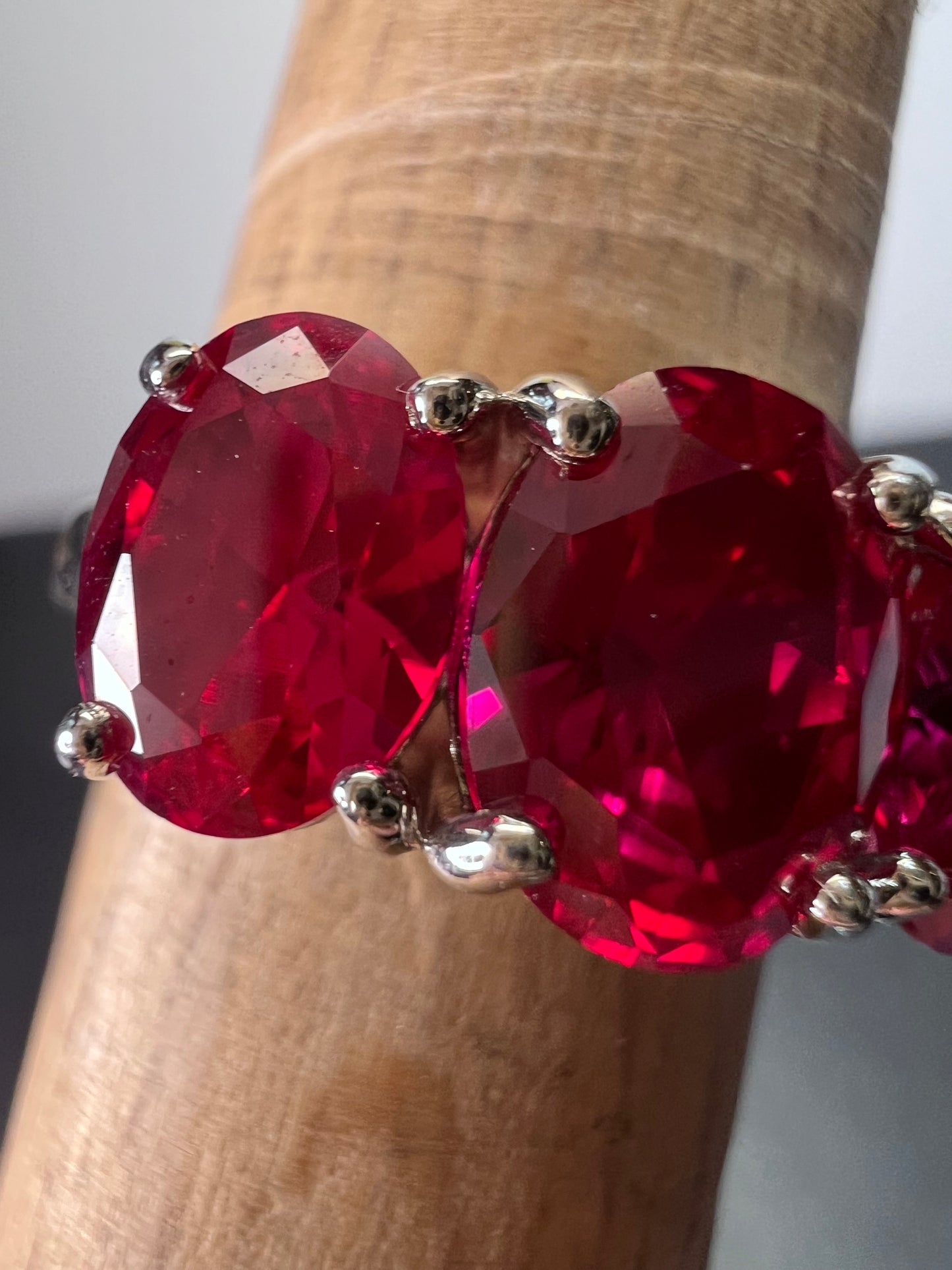 Lab created ruby and silver triple stone ring size 8