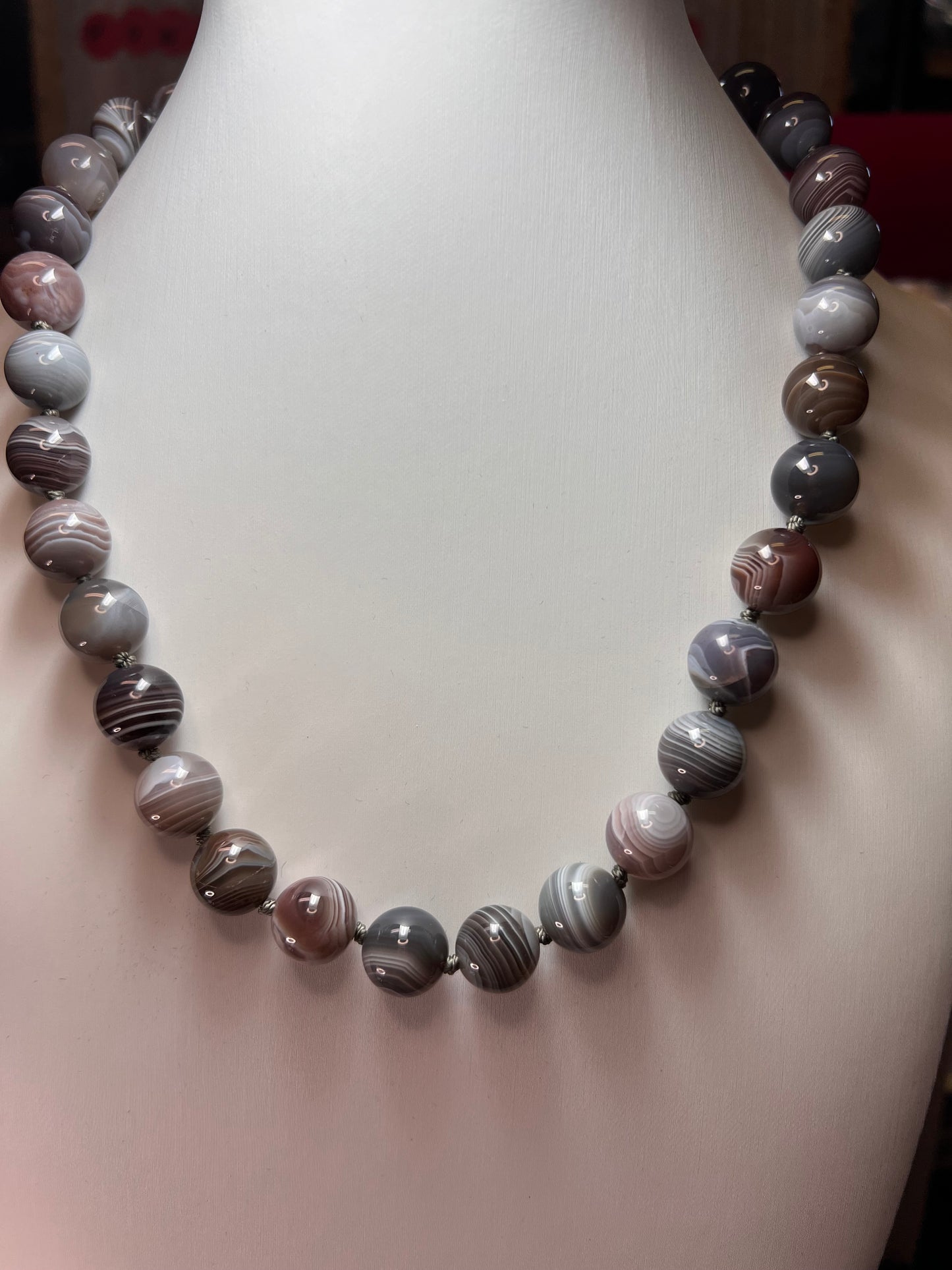 Botswana agate knotted necklace with sterling silver clasp