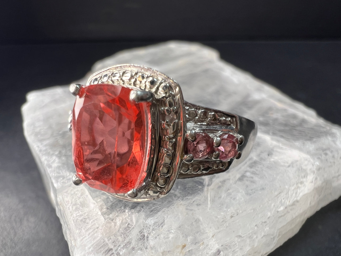 Sterling Silver Peach Red Quartz Doublet & Pink Tourmaline Ring 8.75