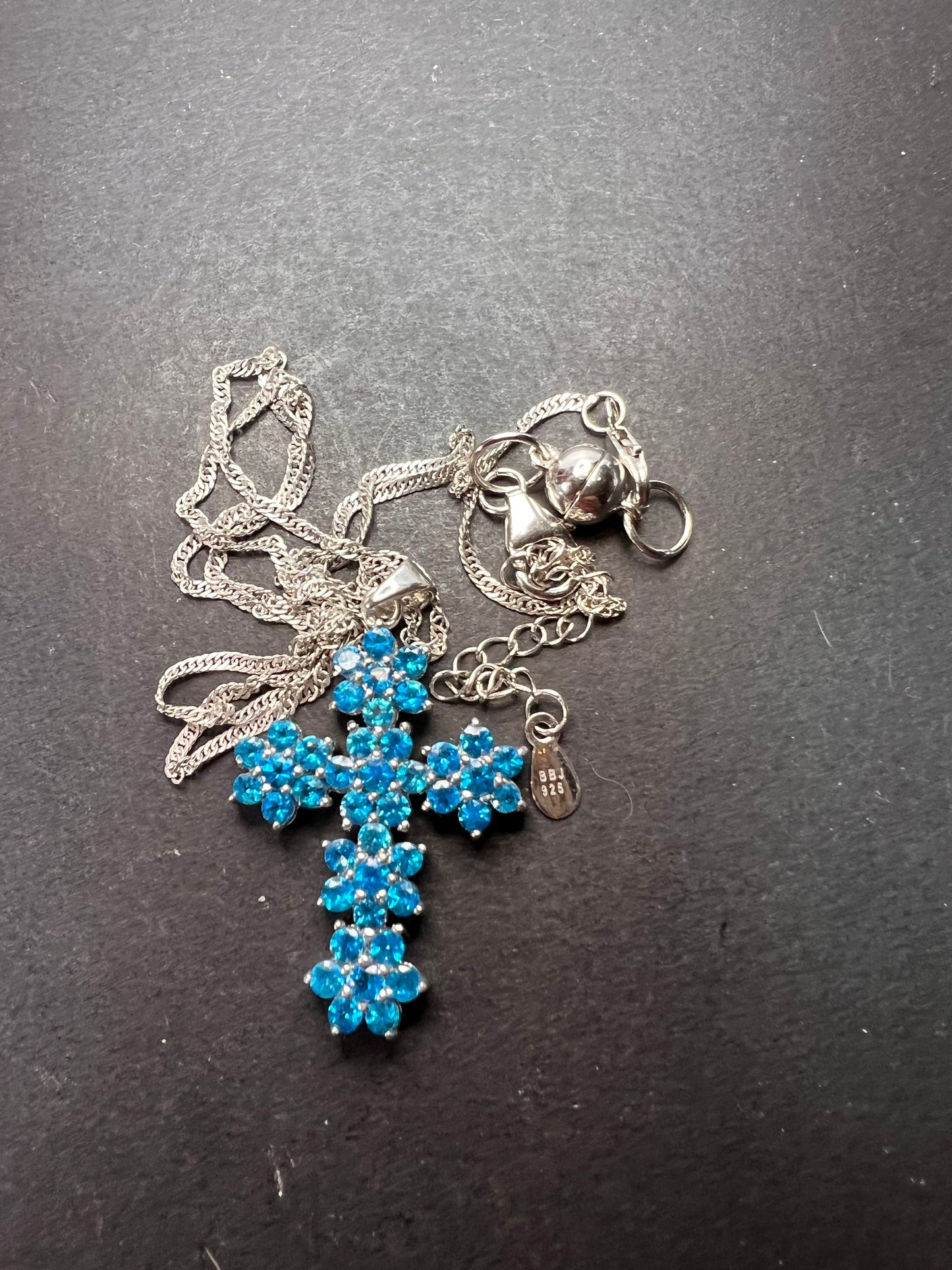 Blue Apatite Rhodium Over Sterling Silver Cross Pendant With Chain 3.25ctw