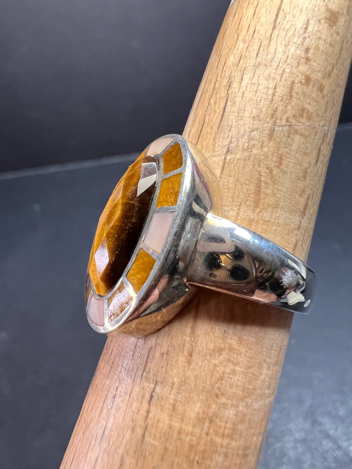 Whitney Kelly tigers eye and mother of pearl sterling silver ring size 7