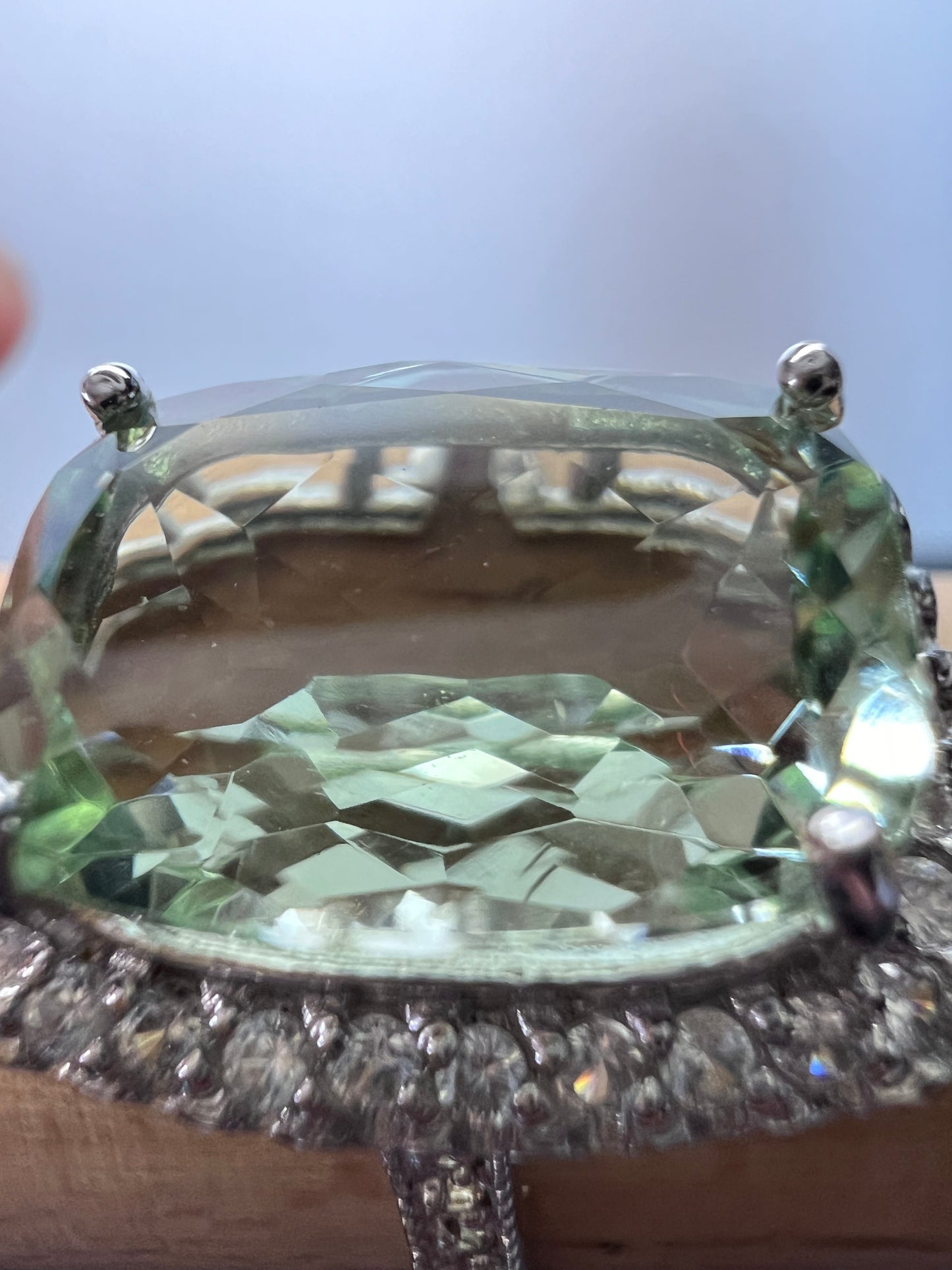 Cushion cut Prasiolite cocktail halo ring size 9