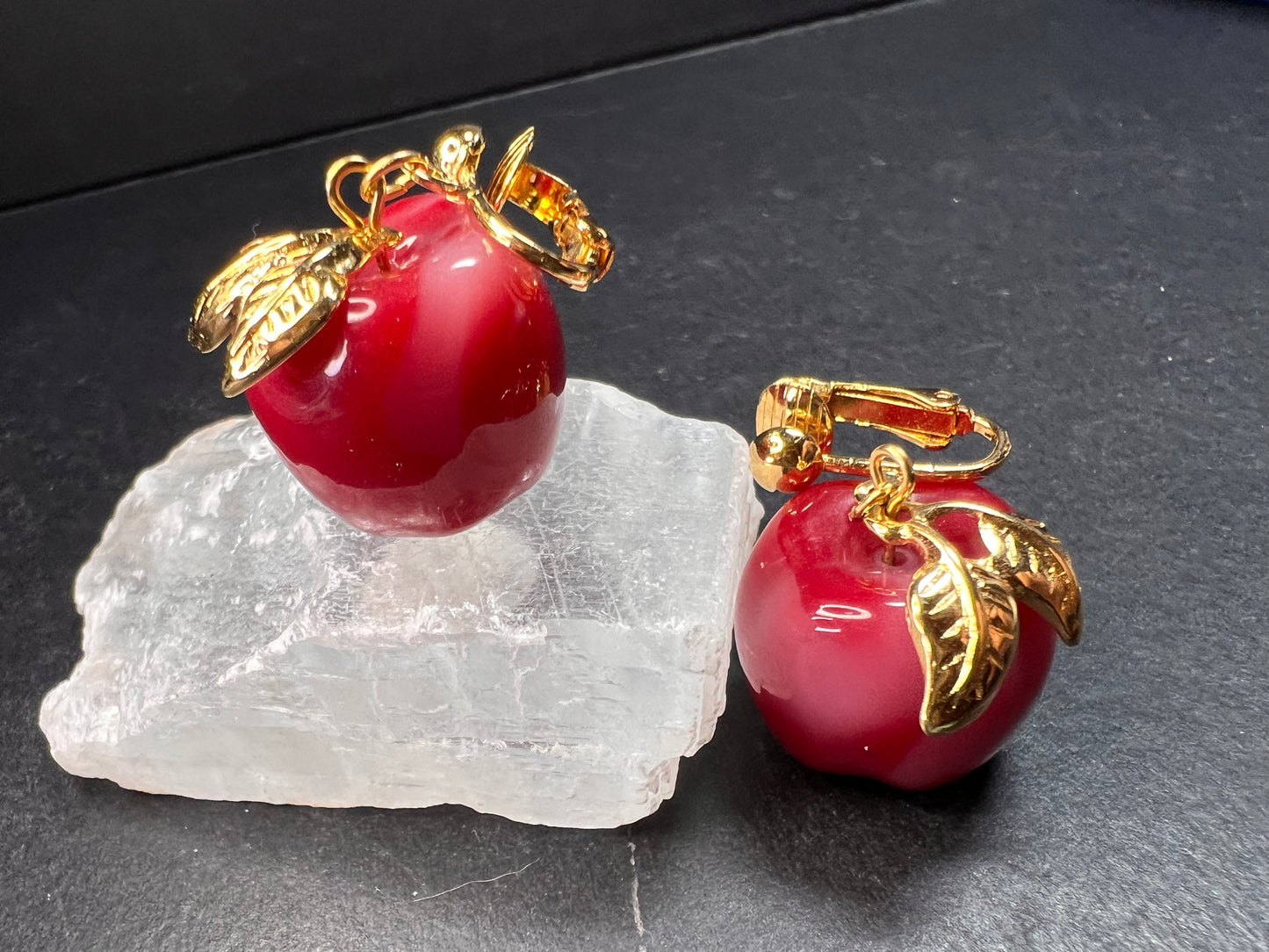 Avon "Apple A Day" Vintage Clip Earrings | Red Lucite Dangle Costume Jewelry