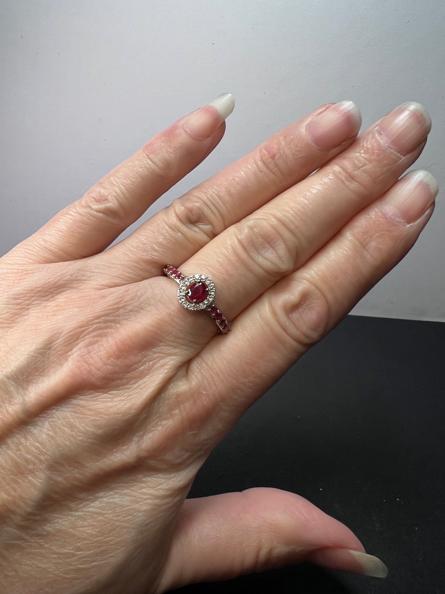 Ruby and zircon sterling silver halo ring size 9