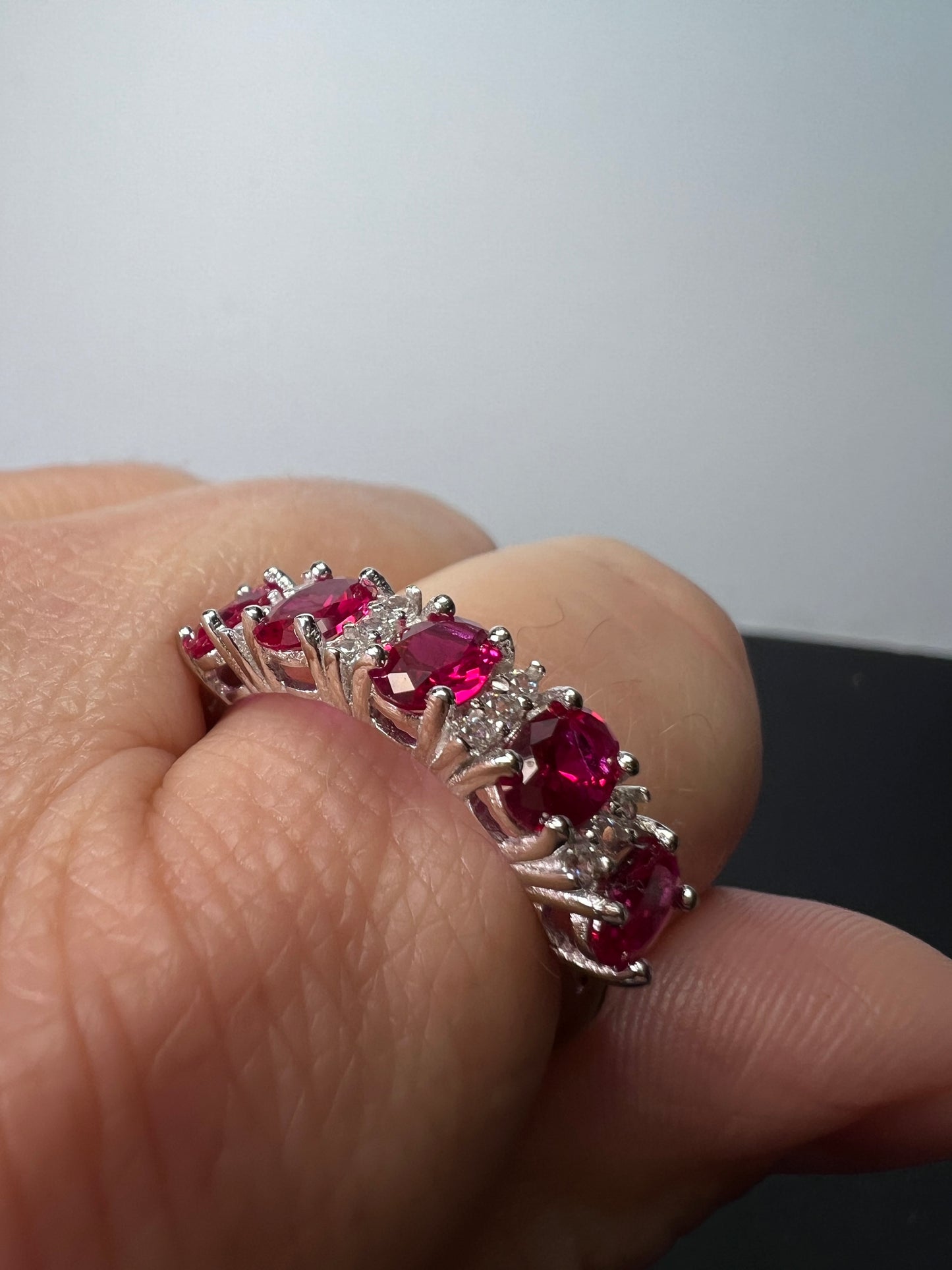 Lab ruby & White Cubic Zirconia Rhodium Over Silver Ring size 10