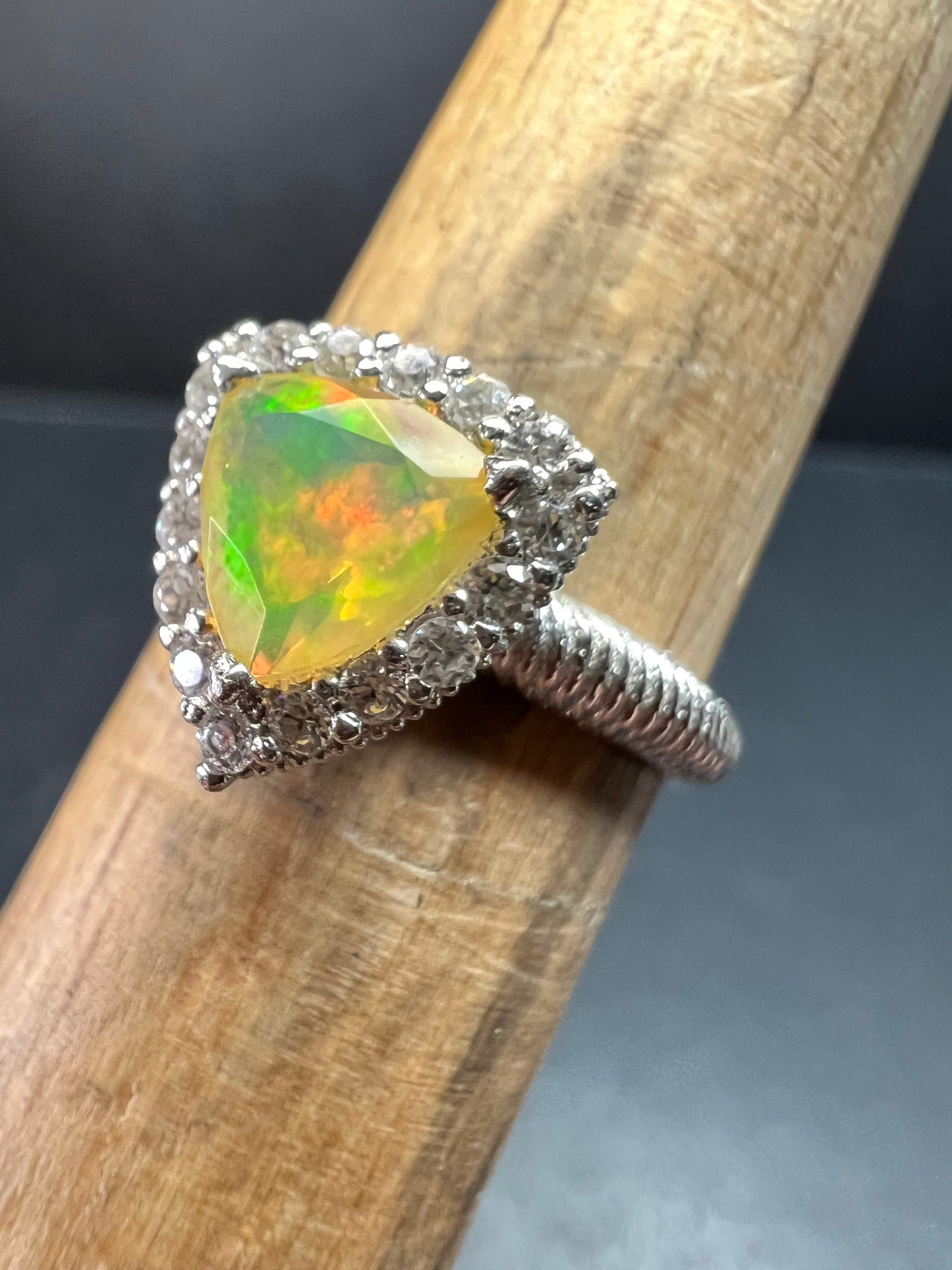 Ethiopian Opal Halo Ring Sterling Silver Size 7 Trillion Cut