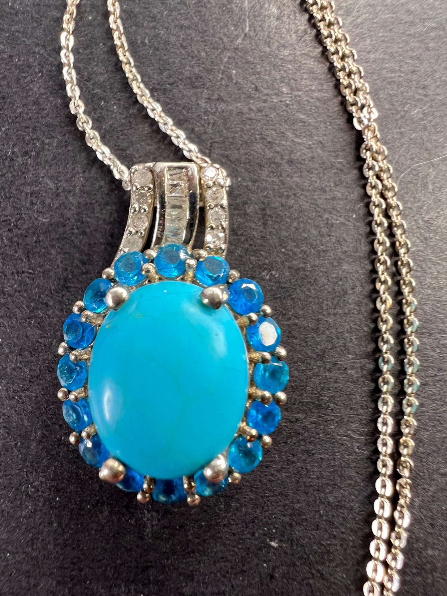 Sleeping Beauty turquoise , Malgache neon apatite and diamond halo pendant necklace in platinum over sterling silver with 20 inch chain 4.85ctw