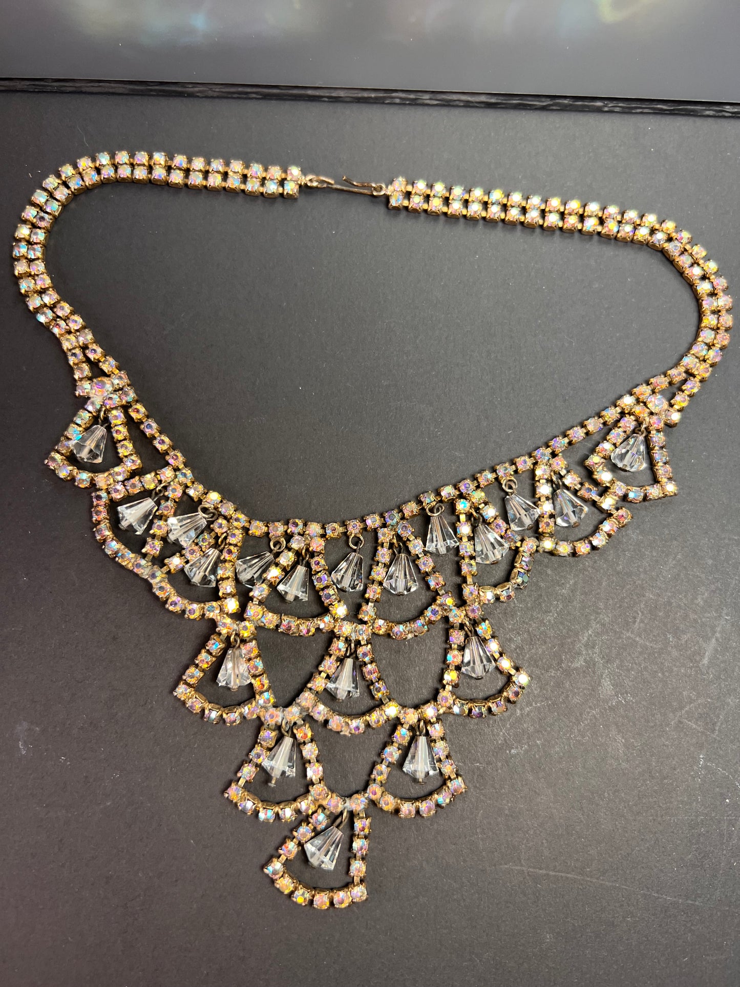 Vintage AB Rhinestone Bib Necklace Clear Glass Dangles Gold Tone