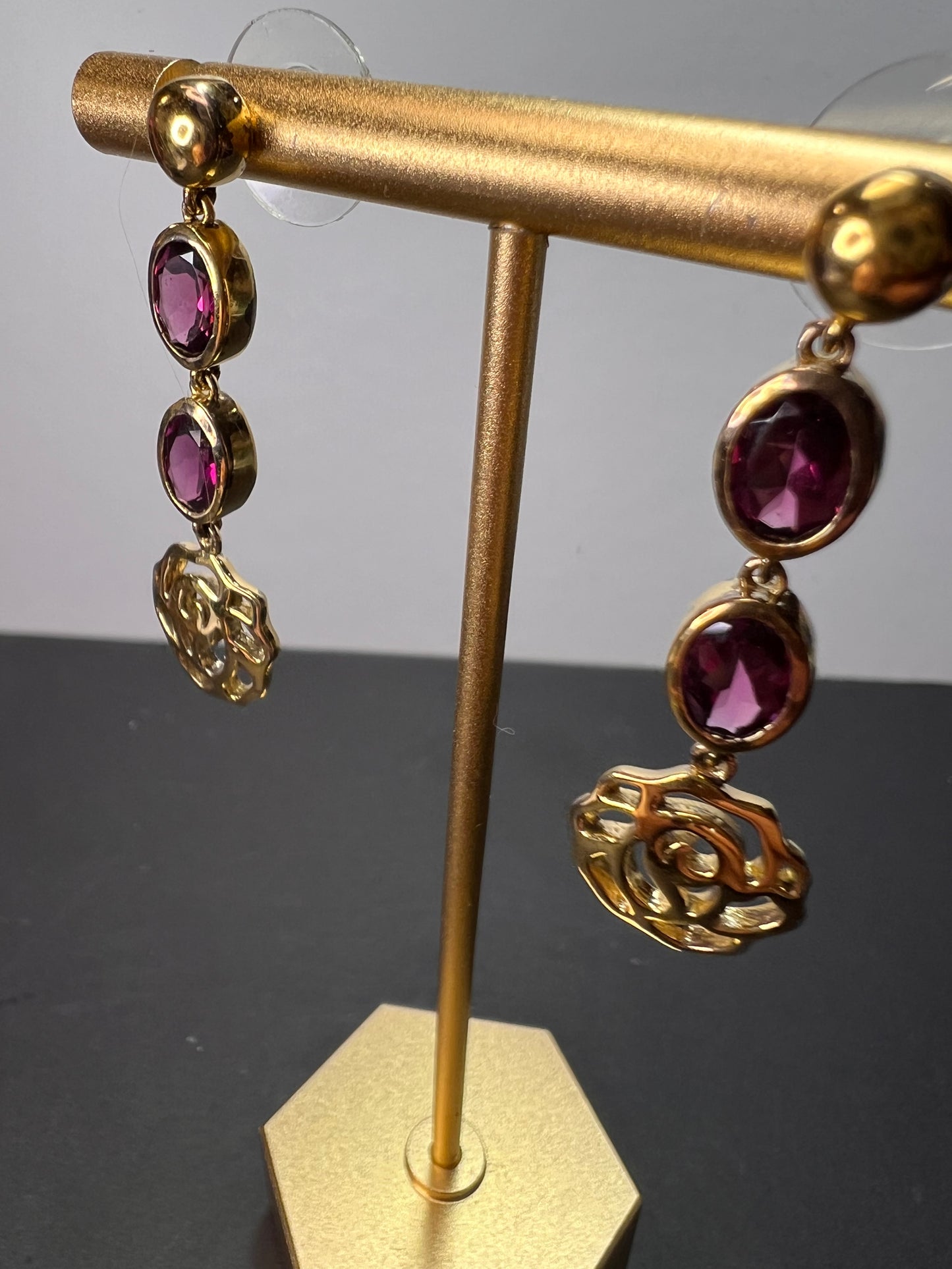 Grape rhodolite garnet dangle earrings in gold over sterling silver