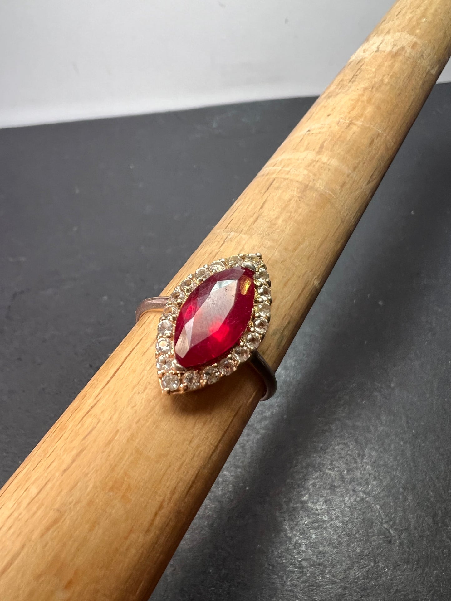 Marquis Ruby and white zircon halo ring in rose gold over sterling silver size 9