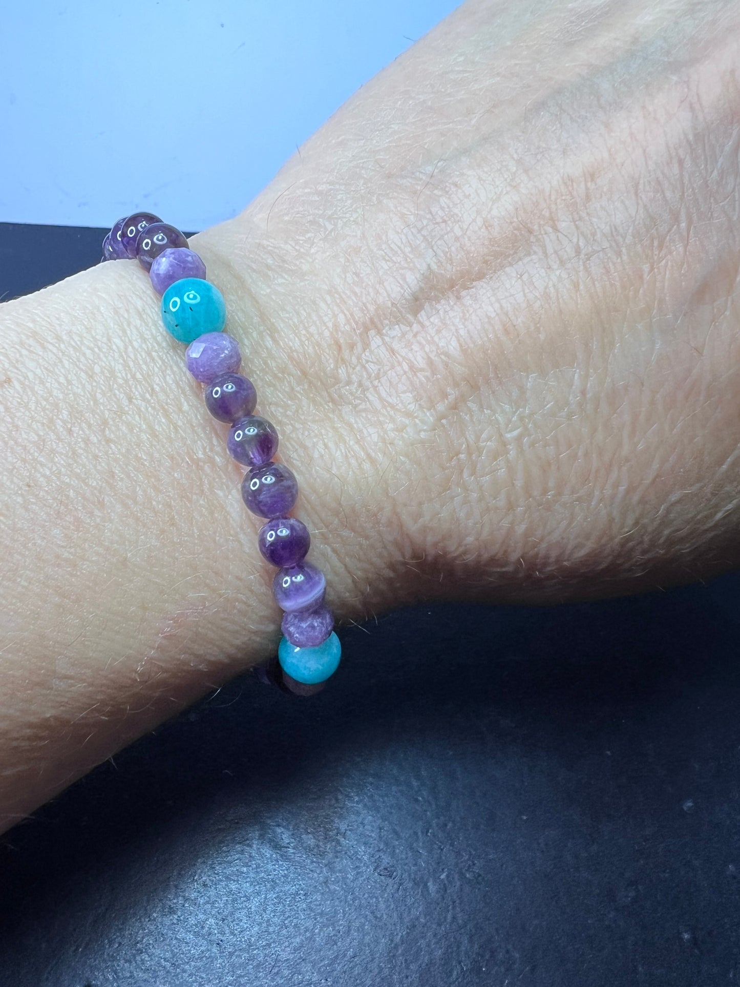 Amethyst, lepidolite, and Peruvian amazonite stretch cord bracelet for 7 inch wrist