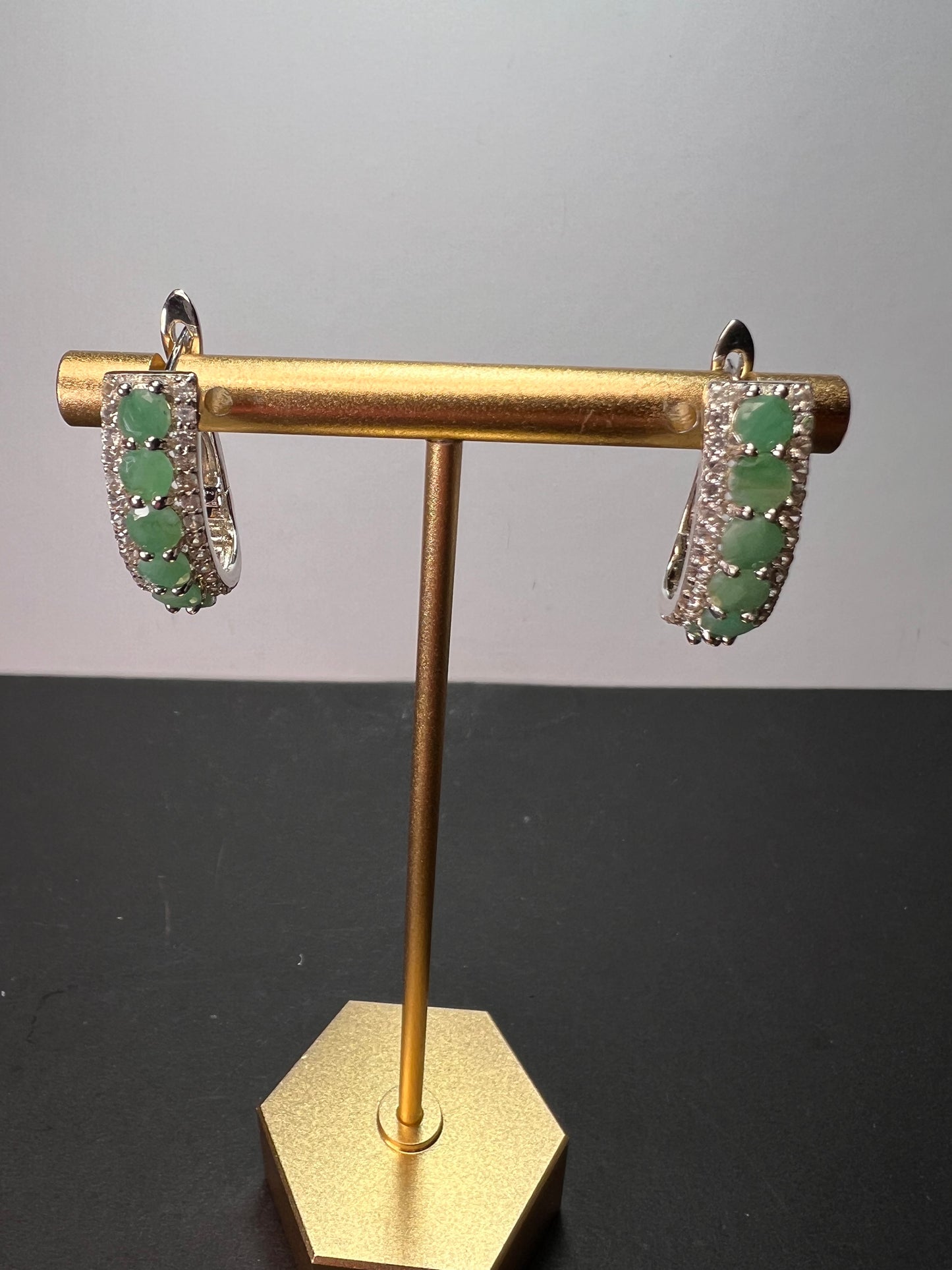 Green Emerald rhodium Over Silver J-Hoop Earrings 2.90ctw