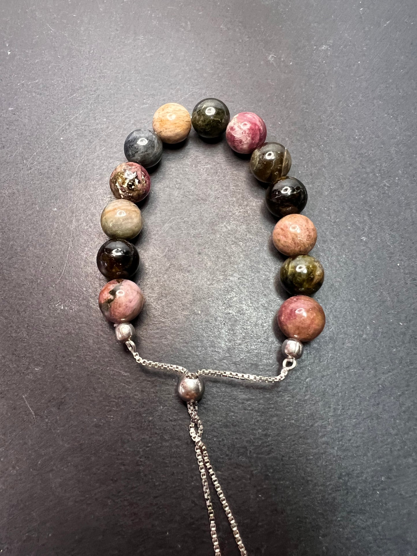 Multi tourmaline sterling silver bolo bracelet