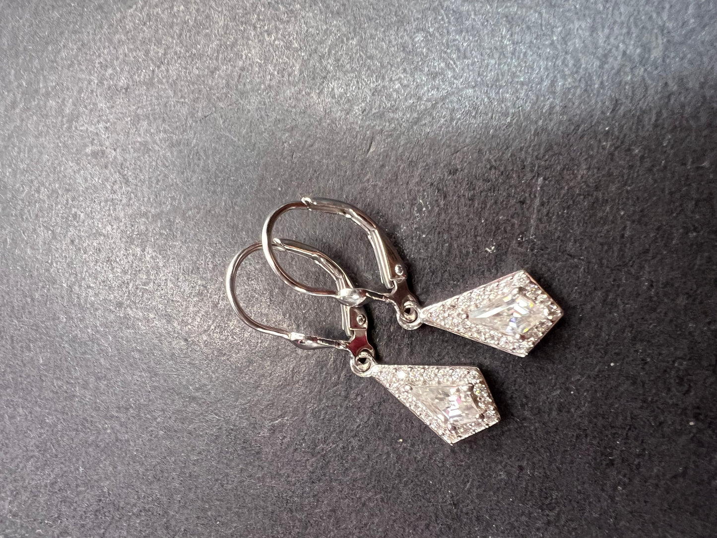 Moissanite lever back kite earrings in platinum over sterling silver *NEW*