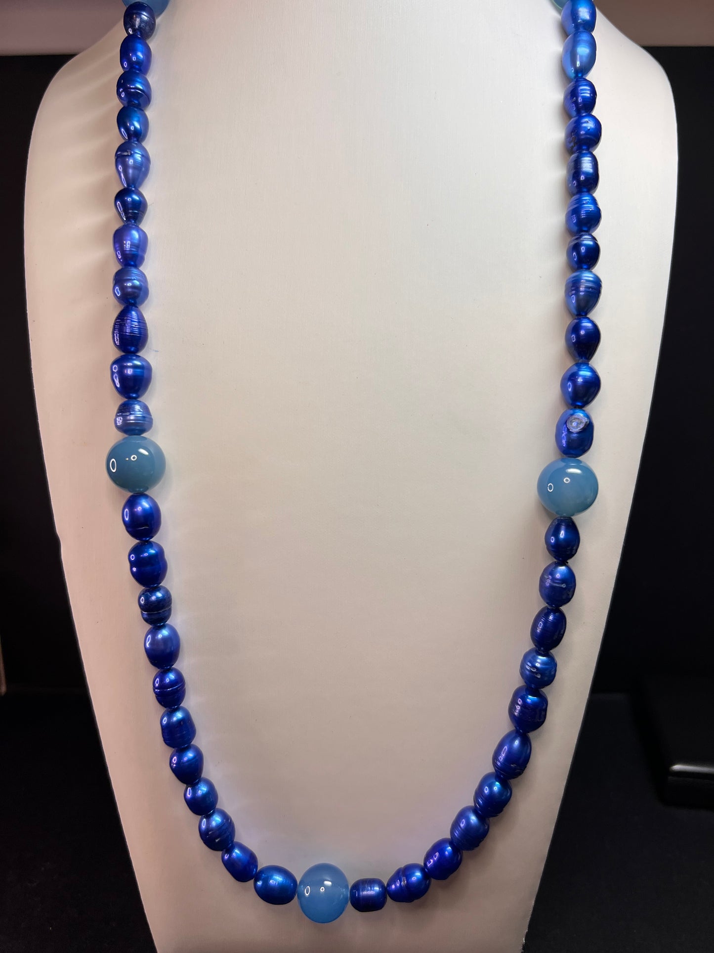 NEW blue freshwater pearls and agate 32 inch necklace with sterling silver clasp