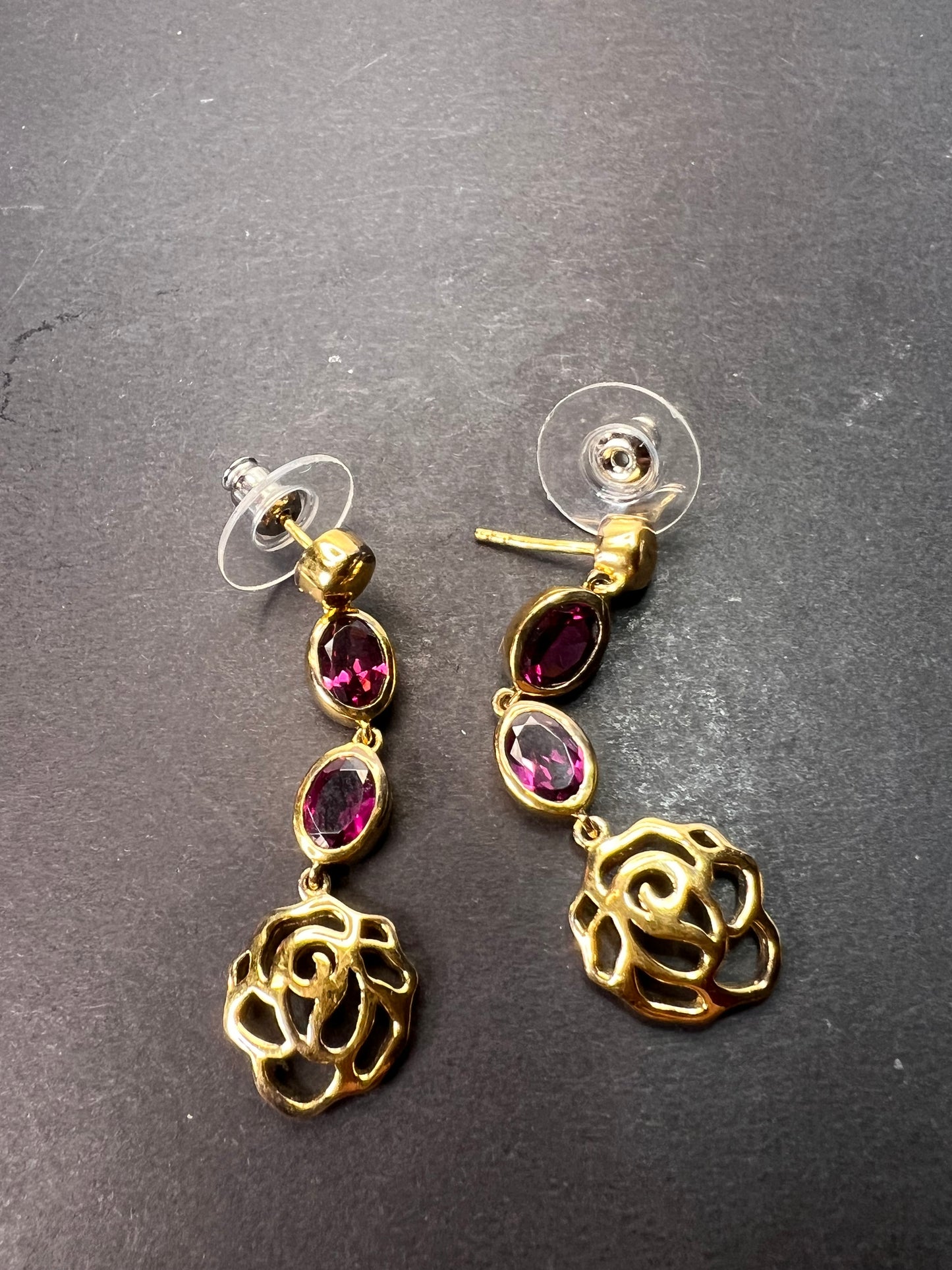 Grape rhodolite garnet dangle earrings in gold over sterling silver