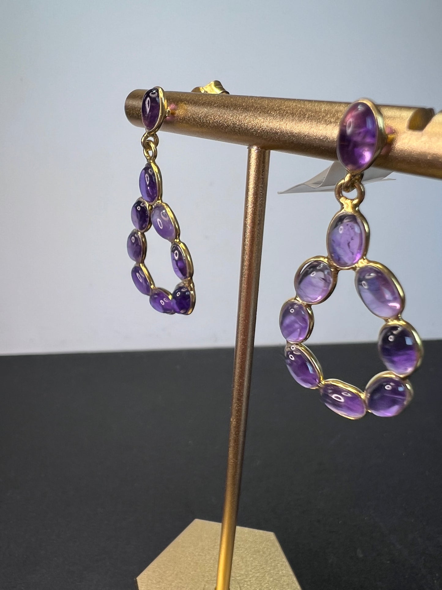 New amethyst teardrop hoop earrings in 18k gold over sterling silver