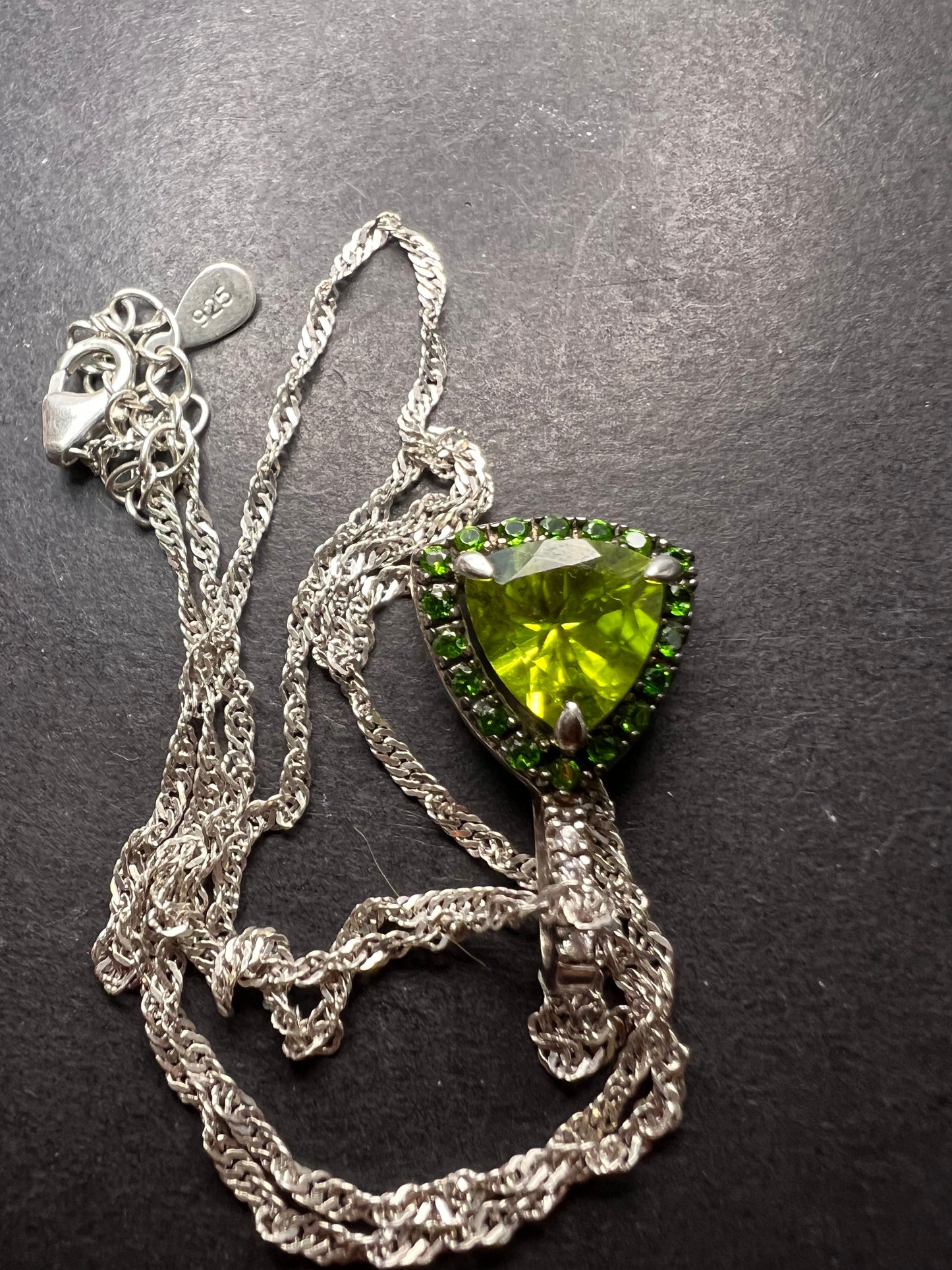 Trillium cut peridot and chrome diopside halo pendant and chain sterling silver necklace