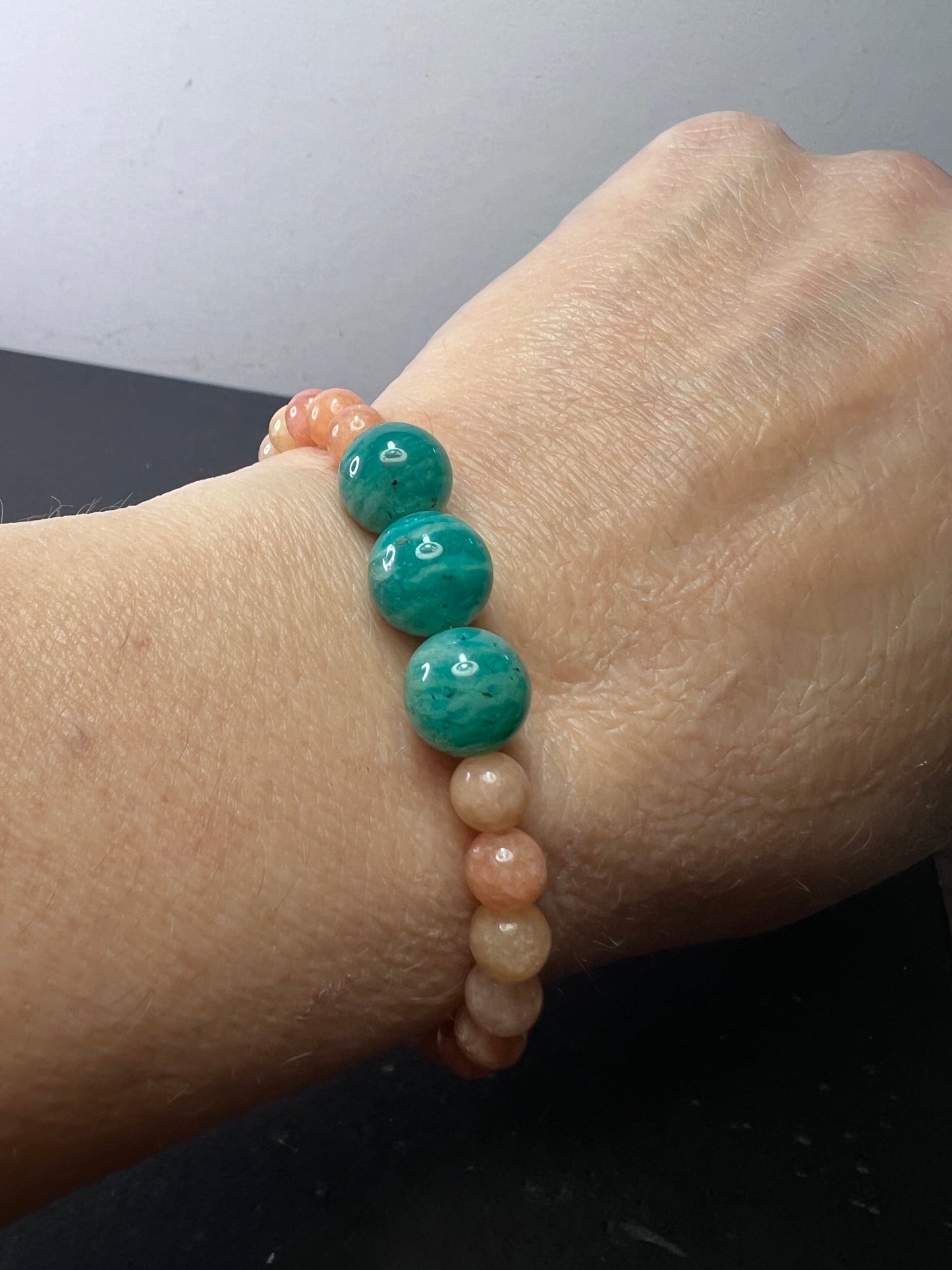 Peach calcite and Russian amazonite stretch bracelet 7 inch