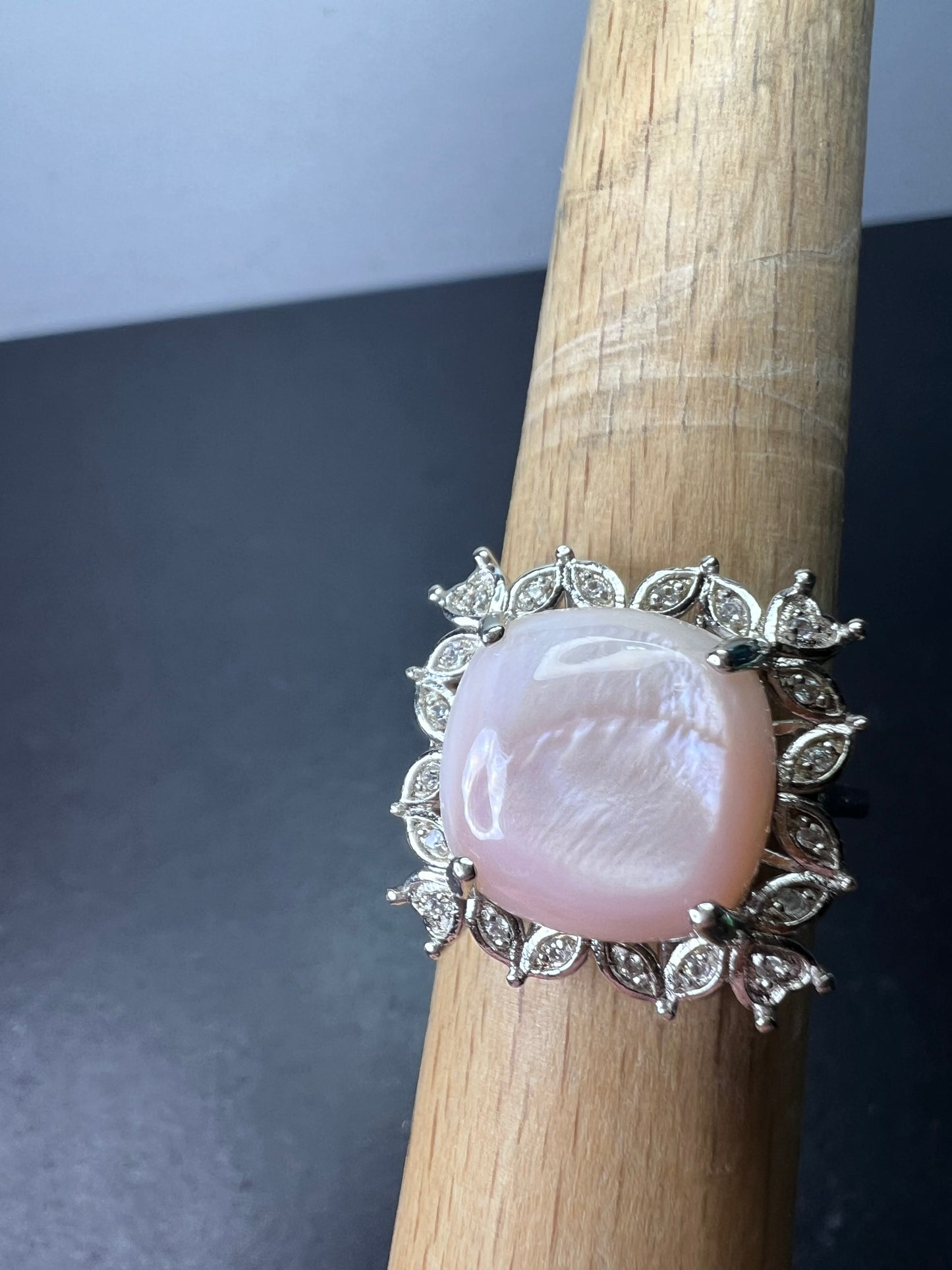 Pink Mother-of-Pearl With White Zircon Rhodium Over Sterling Silver Ring size 8