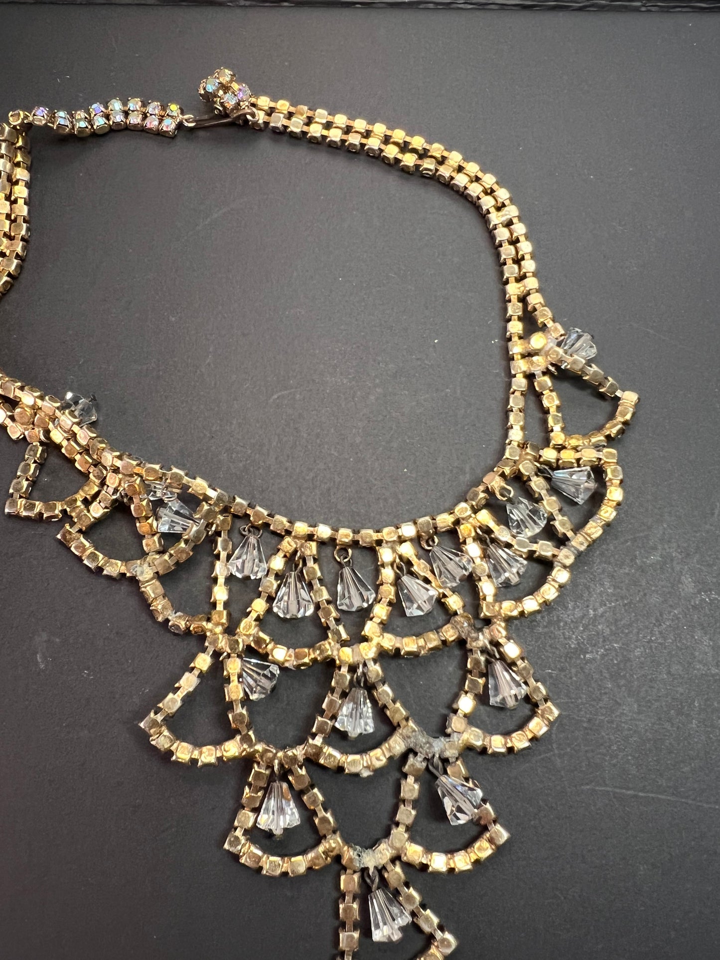 Vintage AB Rhinestone Bib Necklace Clear Glass Dangles Gold Tone