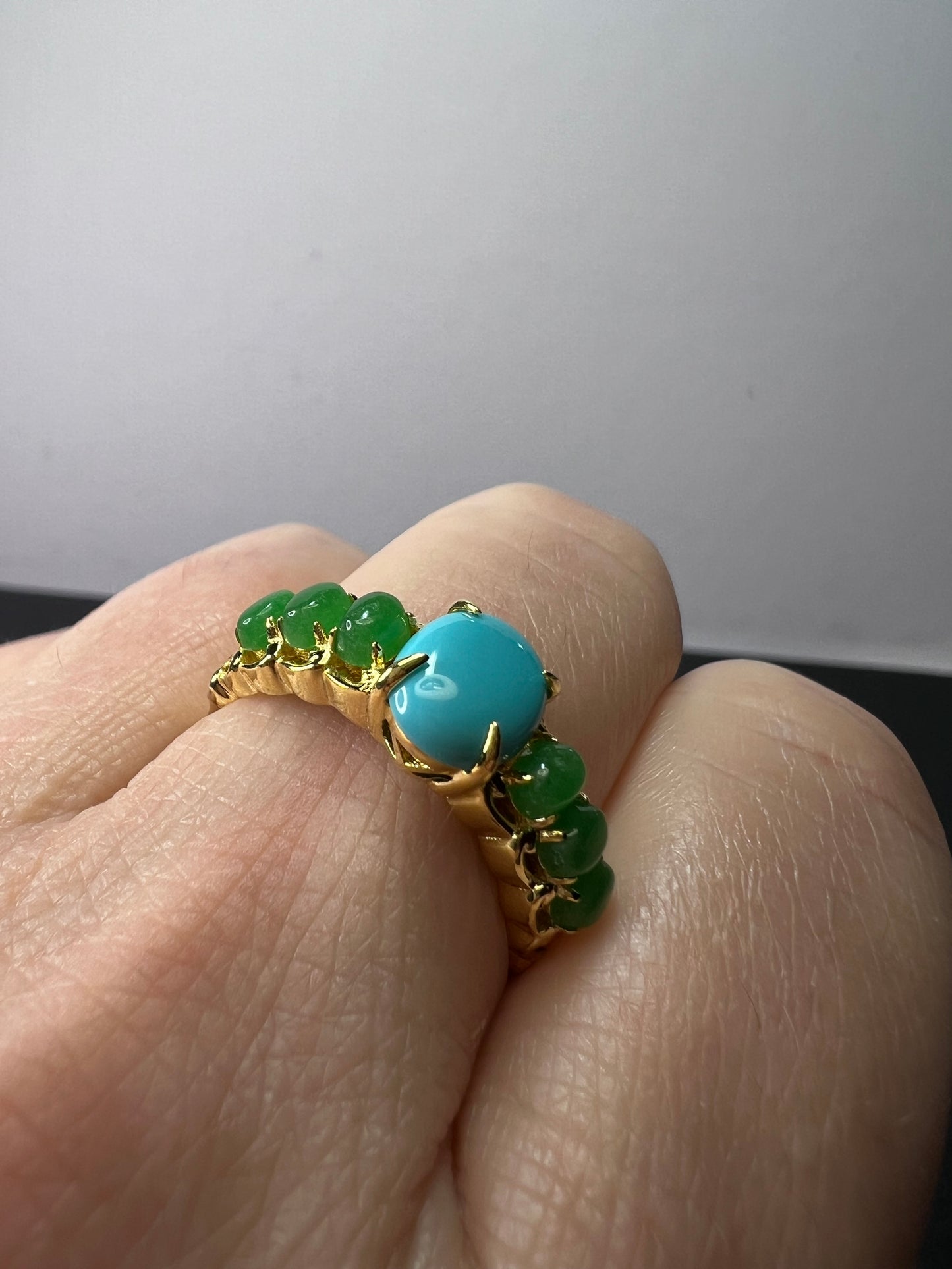 Sleeping Beauty turquoise and green jade 14k gold over silver ring size 9