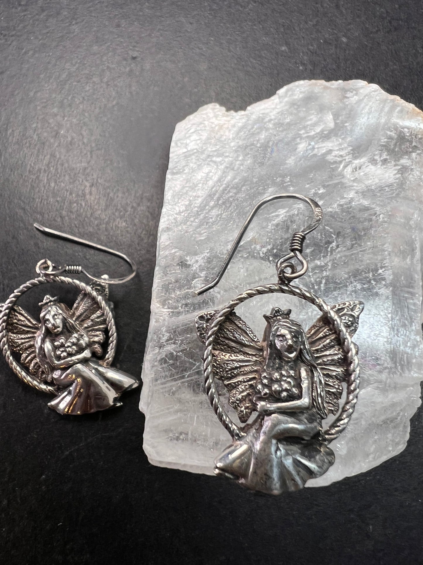 Vintage Sterling Silver Fairy Earrings • Detailed Wings & Floral Motif