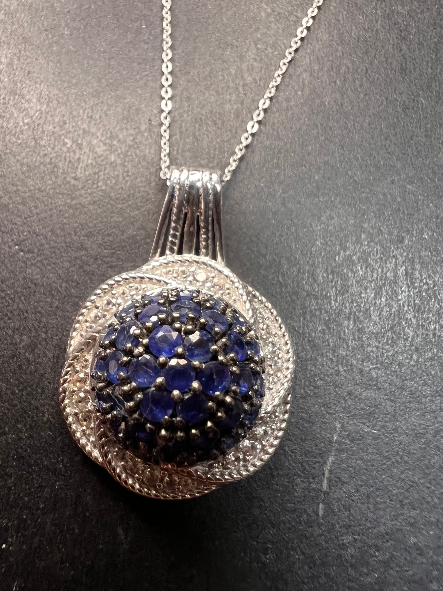 NEW blue sapphire and zircon galaxy halo pendant and chain in rhodium over sterling silver