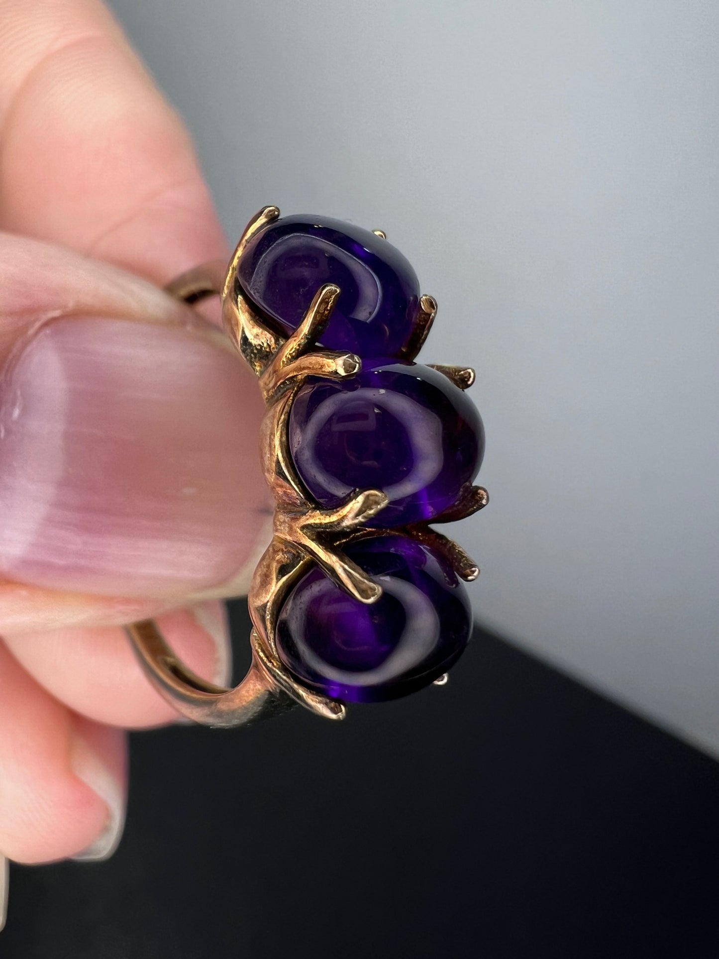 Triple amethyst stone ring in gold over sterling silver size 9