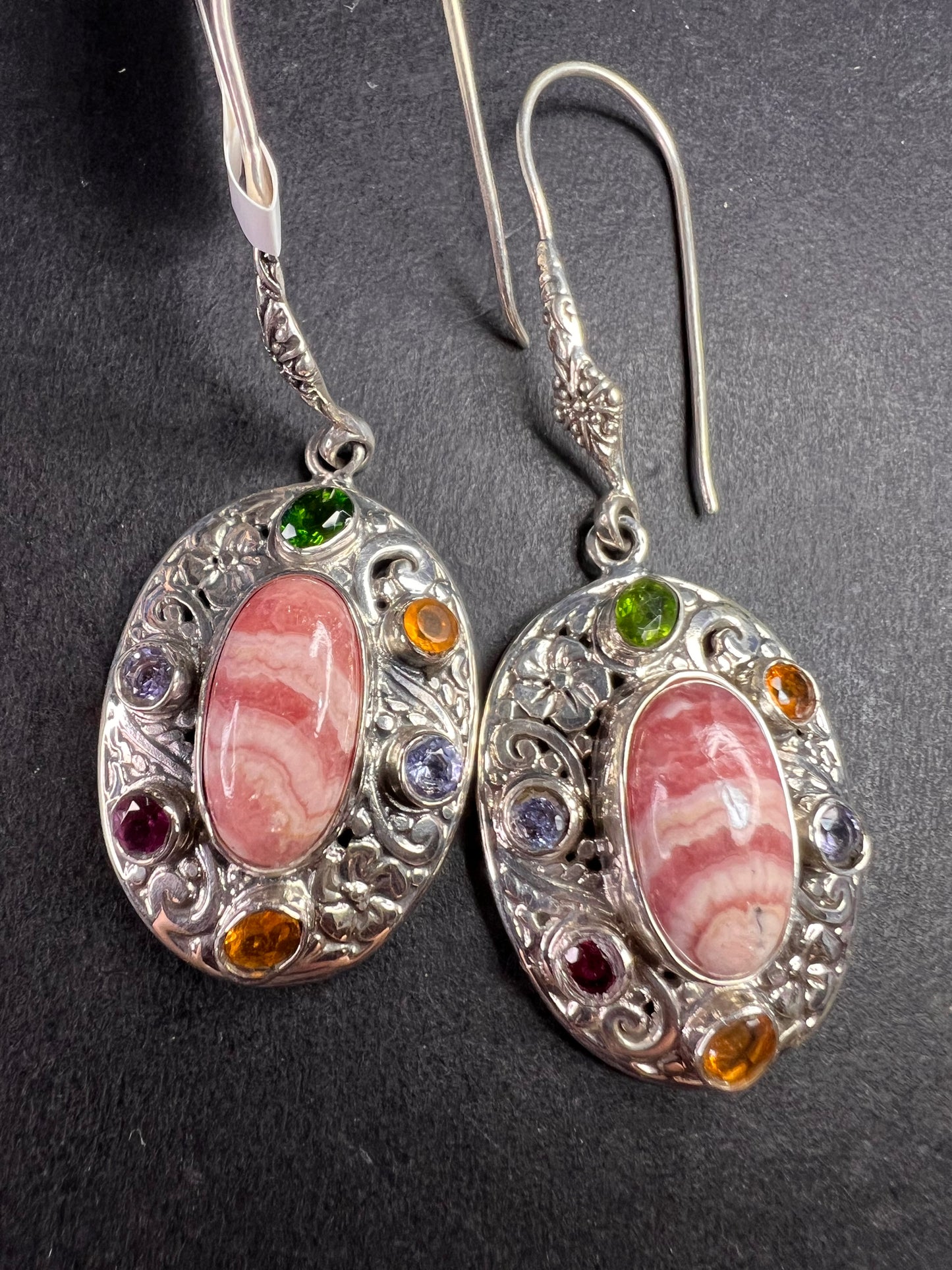 NEW Bali rhodochrosite multi gem sterling silver earrings