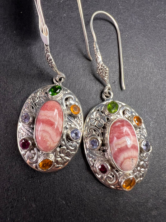NEW Bali rhodochrosite multi gem sterling silver earrings