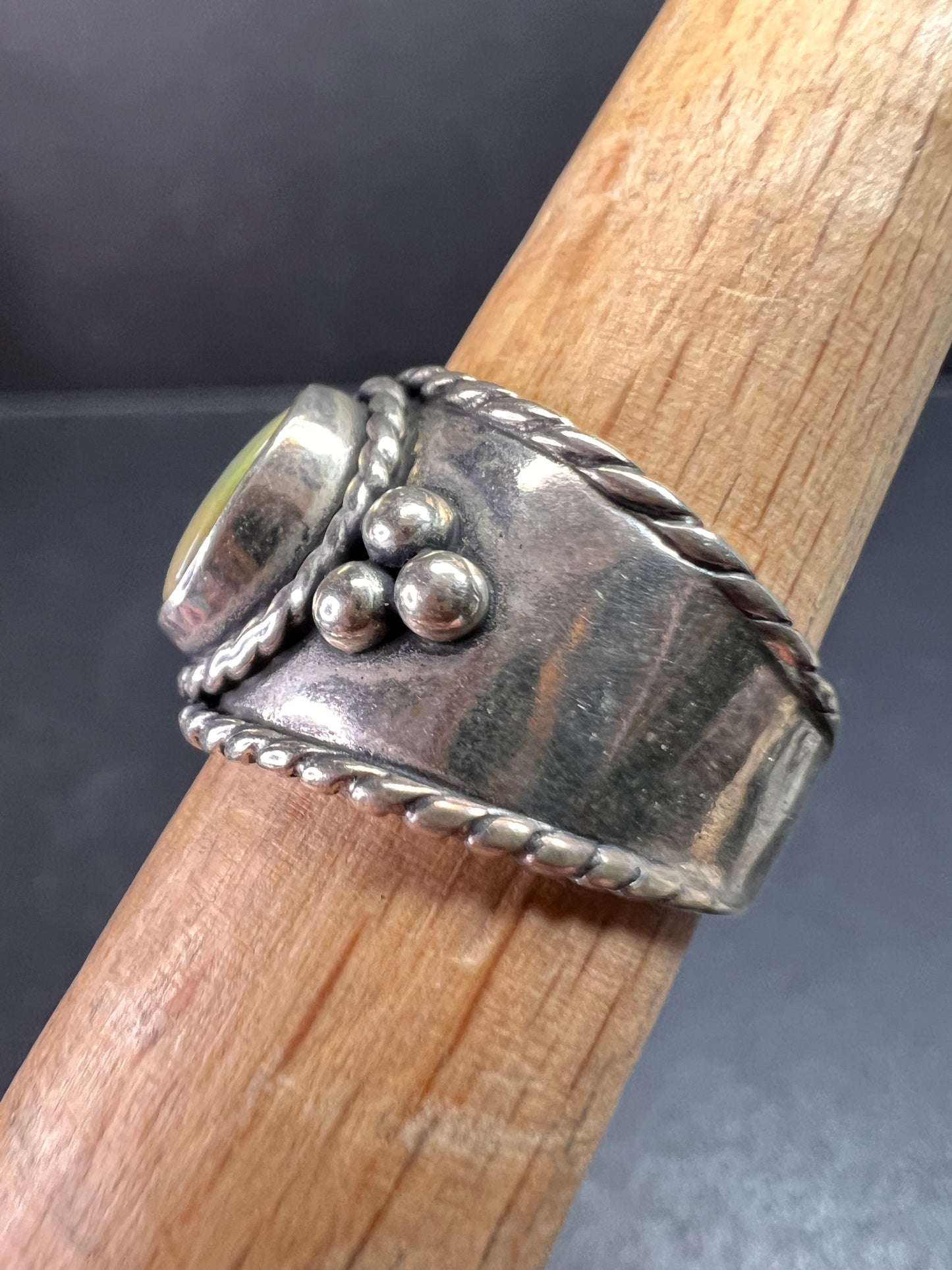 Vintage Sterling Silver Size 6 Ring | Artisan Style Green Cabochon Band