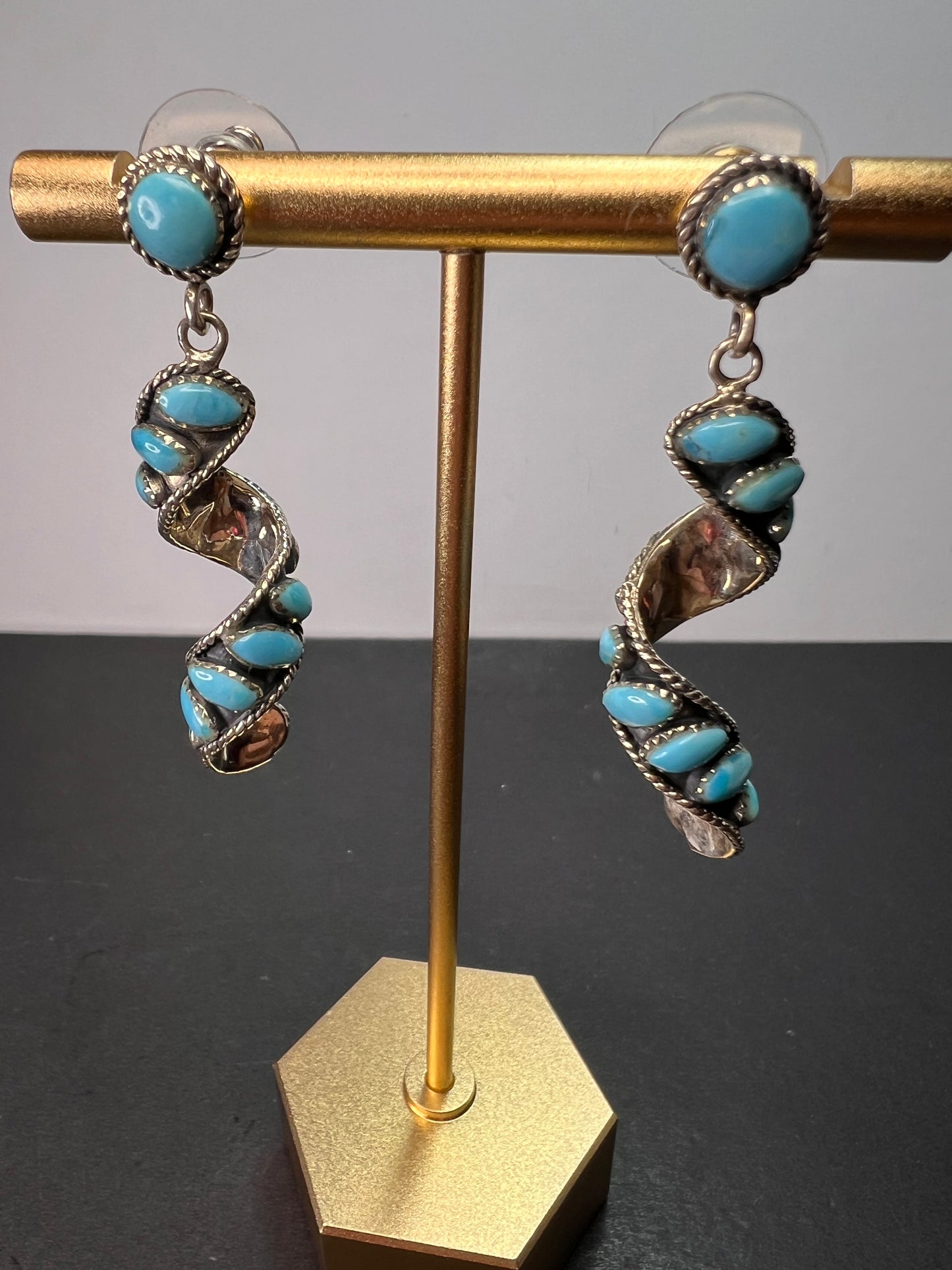 Santa Fe style Kingman turquoise swirl twisted drop sterling silver earrings