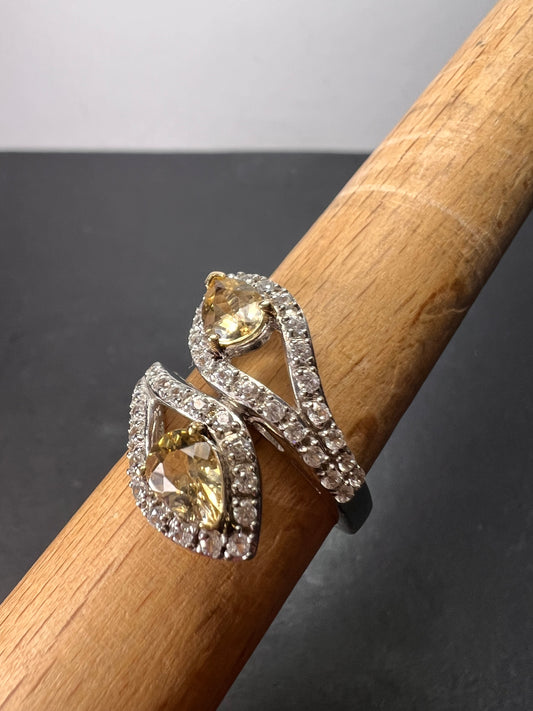 Yellow Beryl and Zircon Sterling Silver Bypass Ring size 9