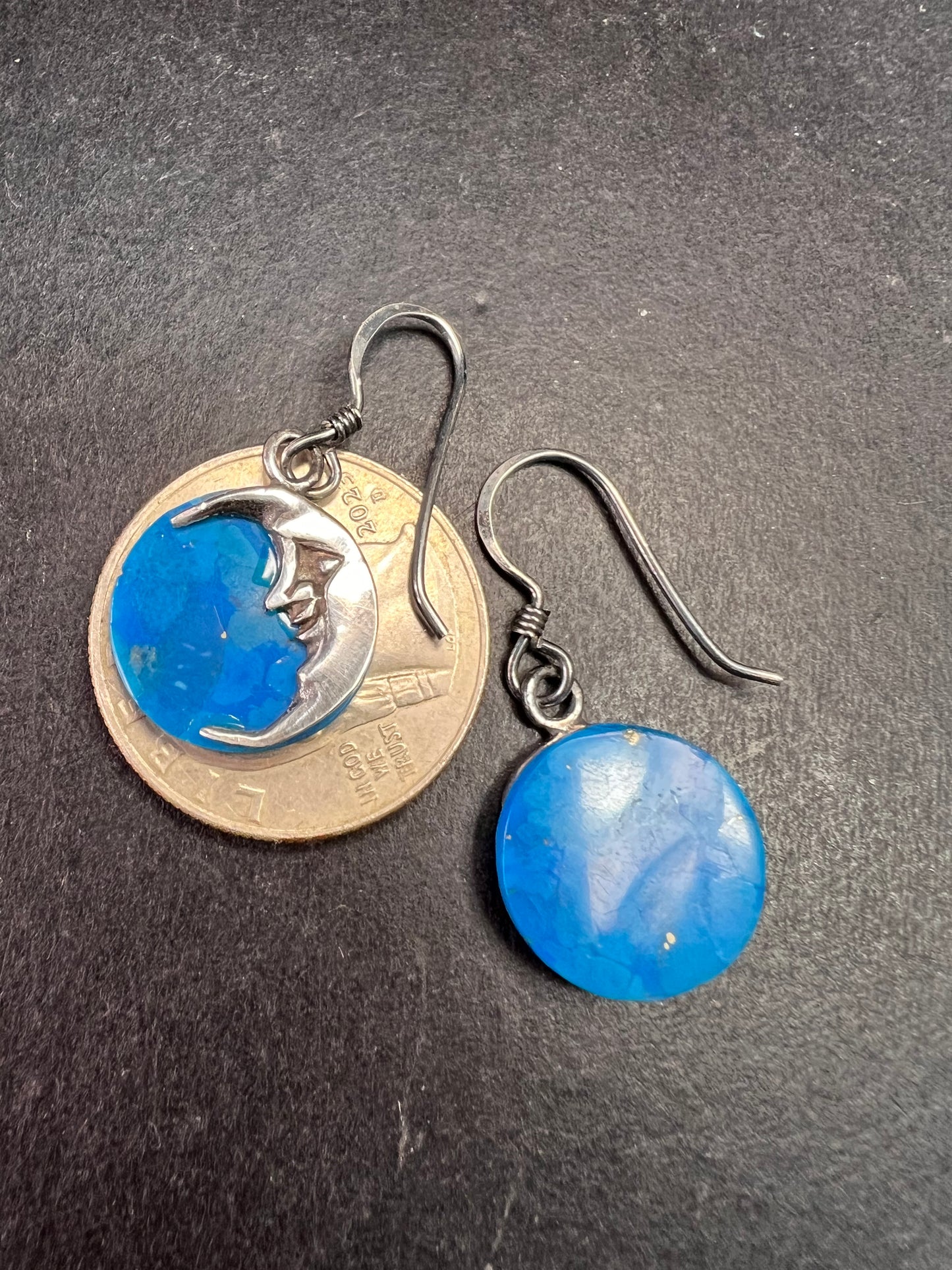 Vintage Sterling Silver Crescent Moon Blue Stone Dangle Earrings