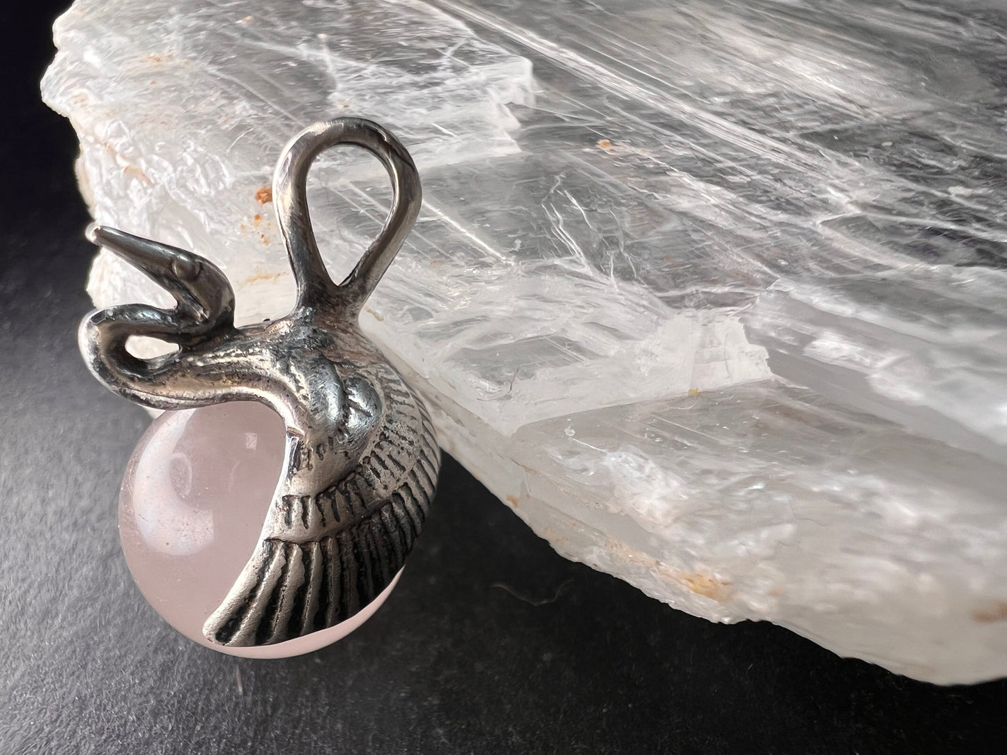 Vintage Sterling Silver Crane Bennu Rose Quartz Pendant | Dead Stock