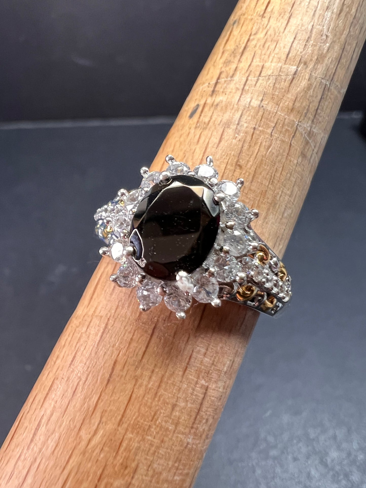 NEW Elite Shungite and zircon halo ring in vermeil and rhodium over sterling silver size 8