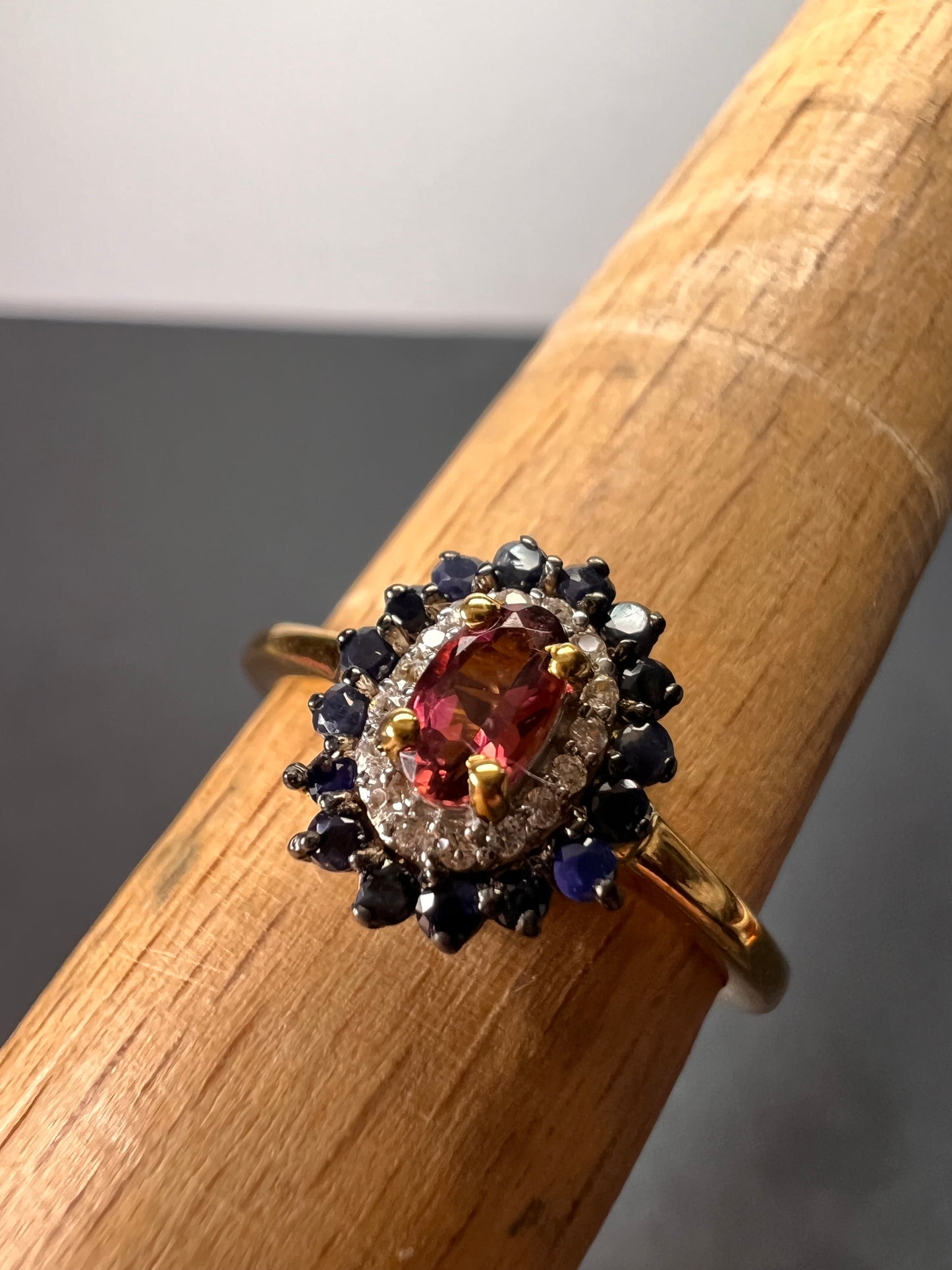 Ofiki rubellite and blue sapphire double halo ring in vermeil yellow gold over sterling silver size 8