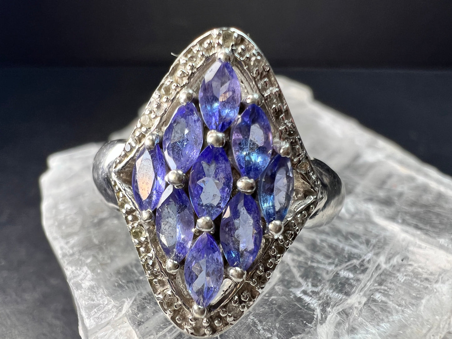 Vintage Tanzanite Diamond Sterling Silver Marquise Ring Size 9