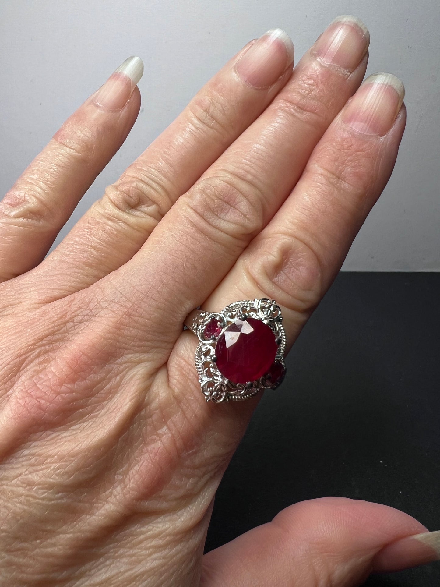 Ruby and white topaz sterling silver cocktail ring size 9